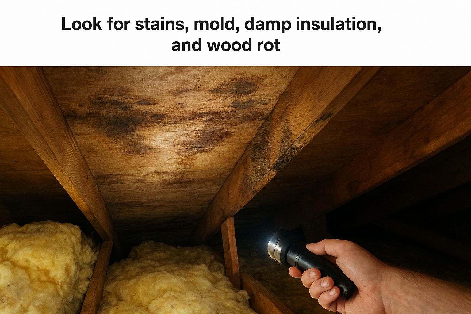 Look for stains, mold, damp insulation, and wood rot