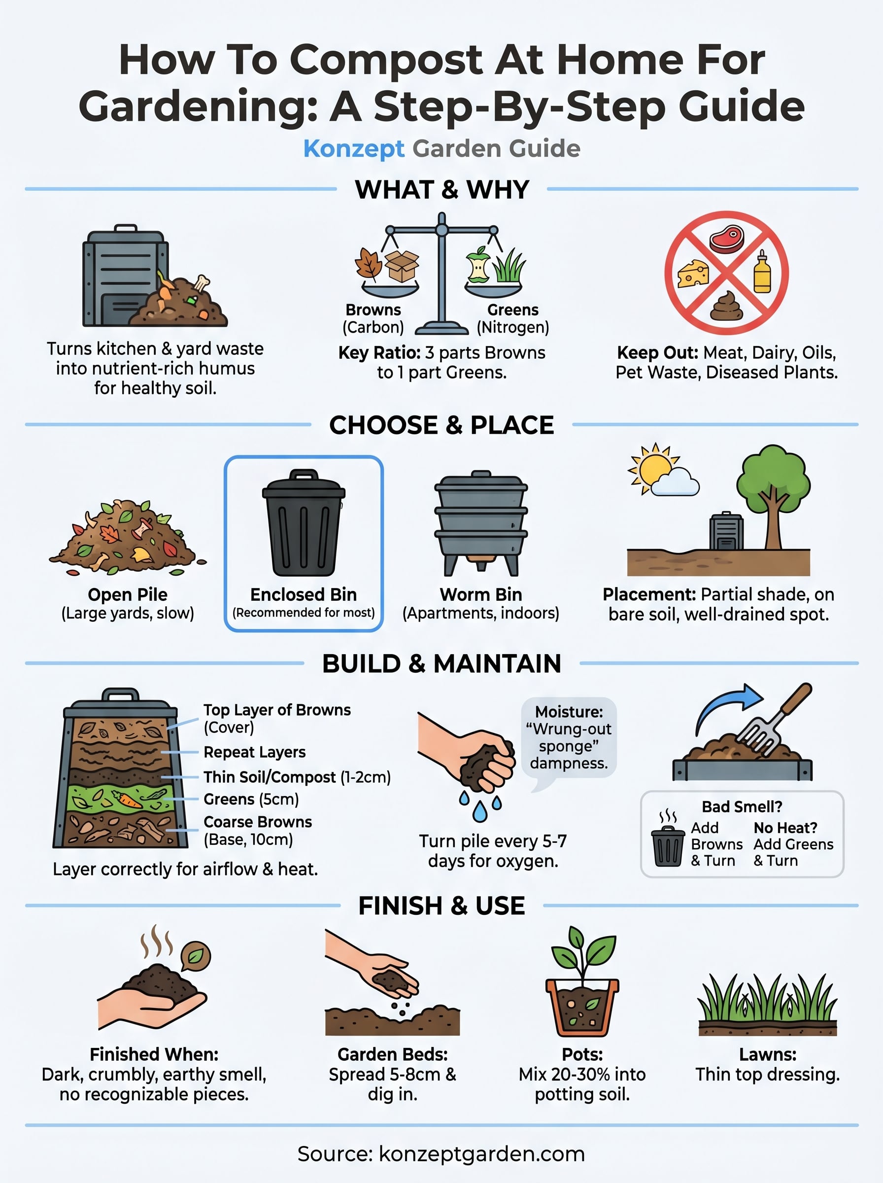 how to compost at home for gardening infographic