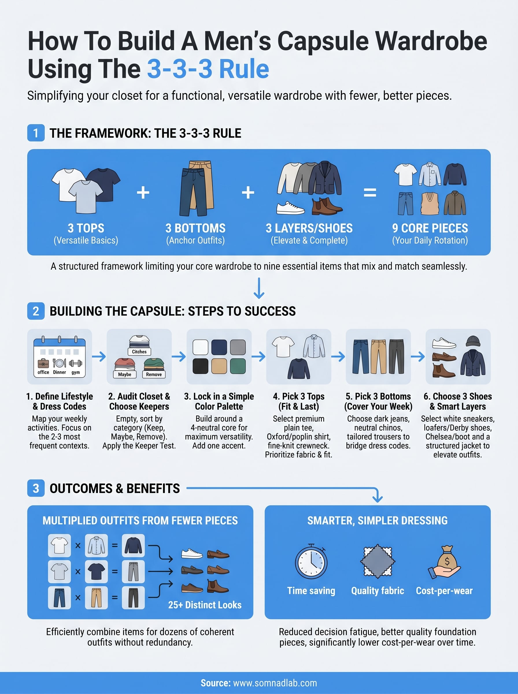 how to build a men's capsule wardrobe infographic