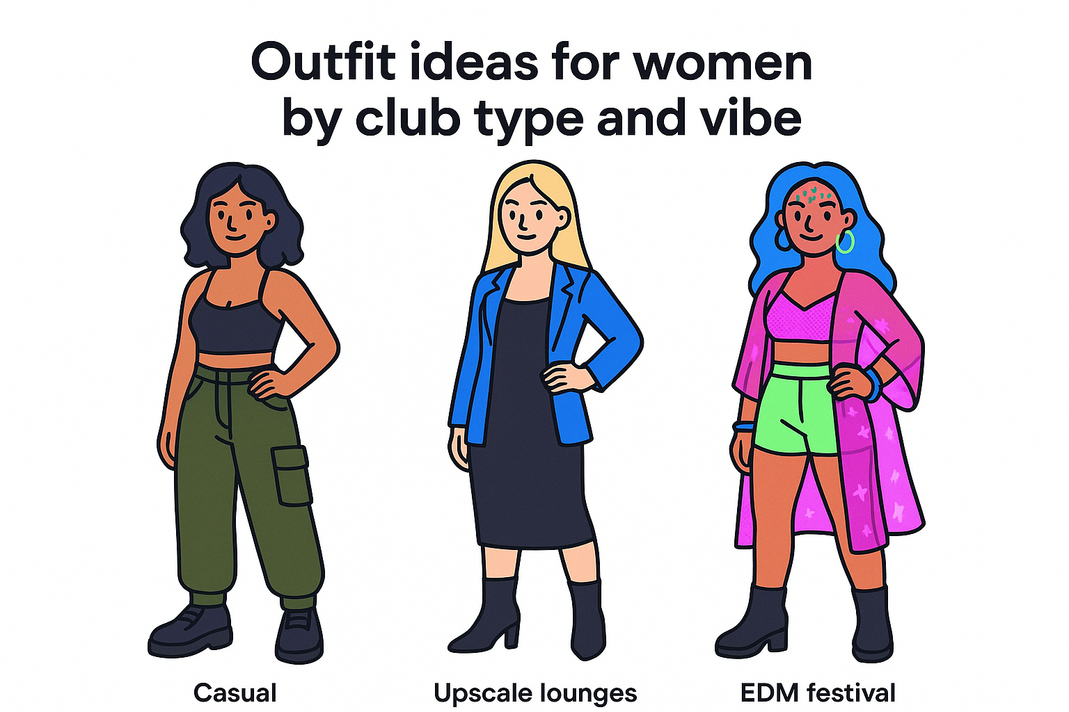 Outfit ideas for women by club type and vibe