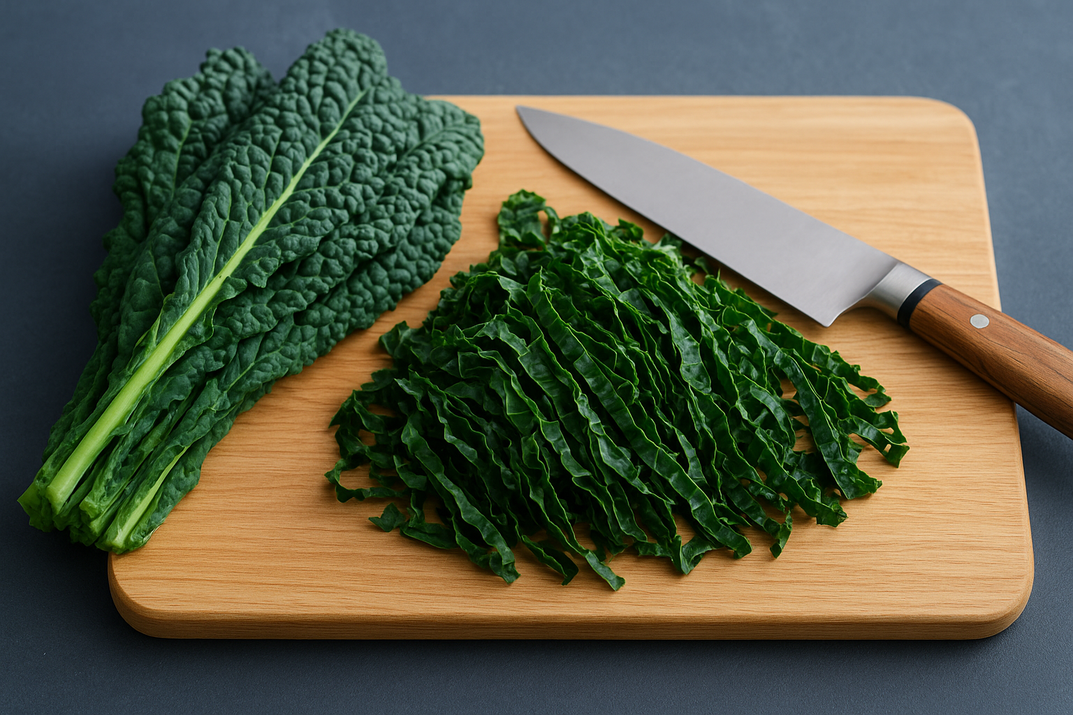 Slicing the kale into the right width