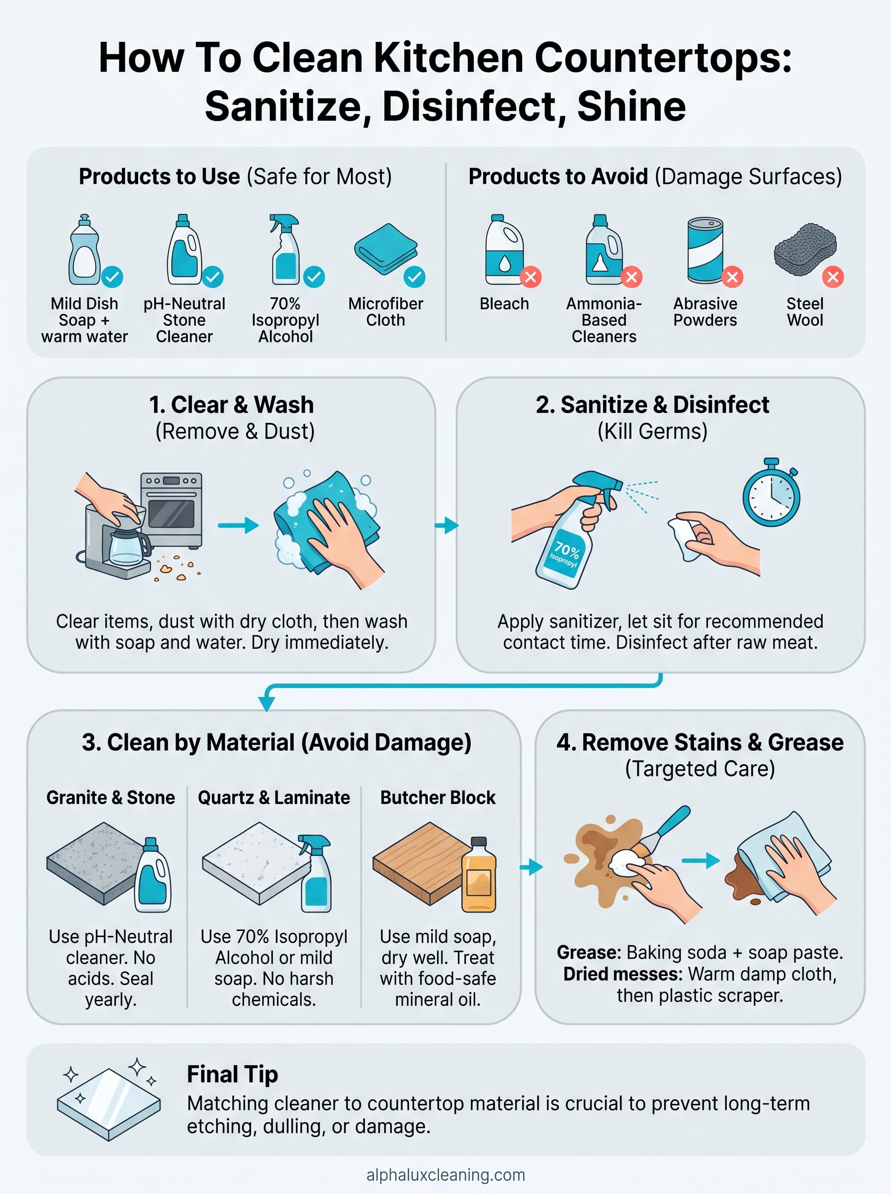how to clean kitchen countertops infographic