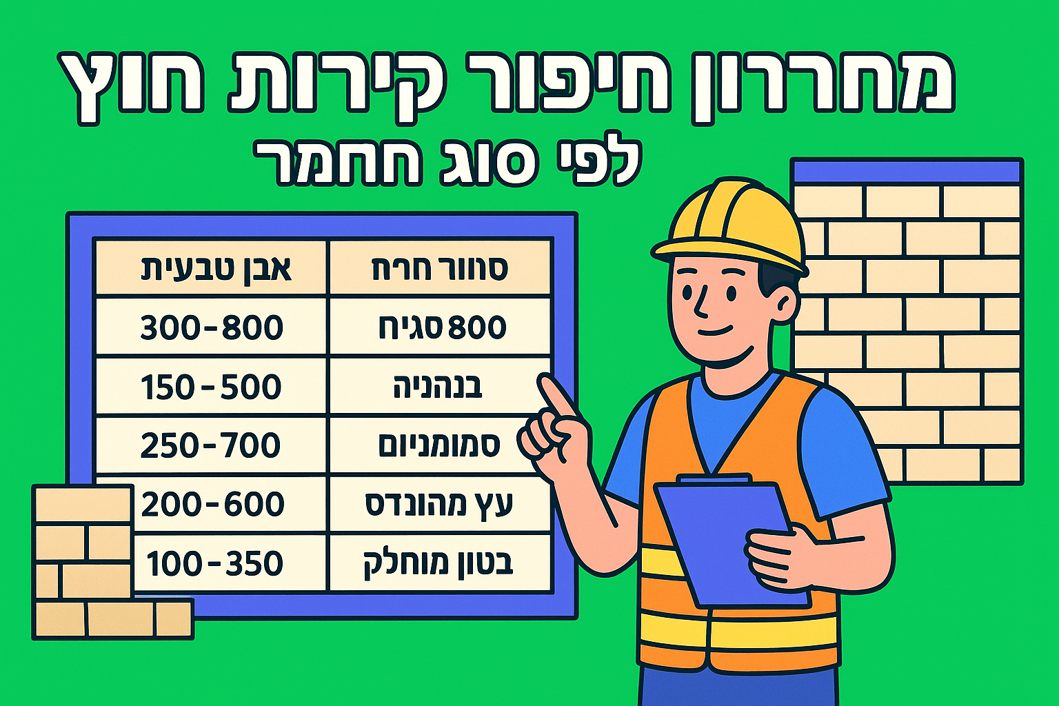 מחירון חיפוי קירות חוץ למ״ר לפי סוג חומר