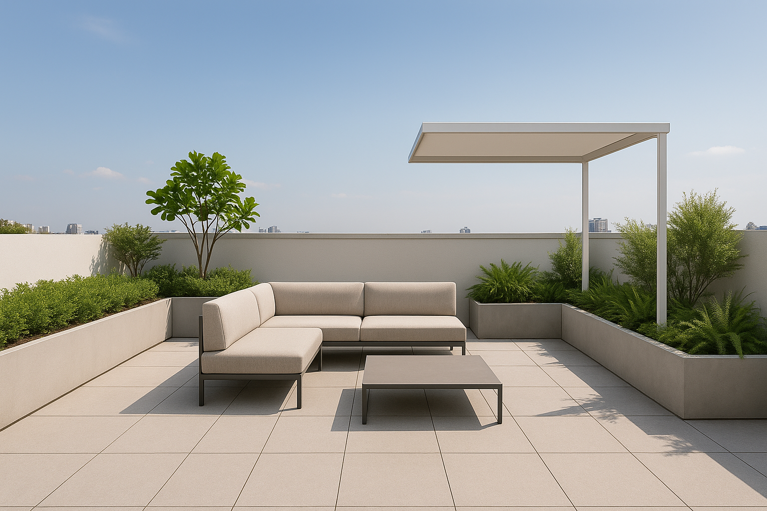 2. Minimalist rooftop lounge with structured planters