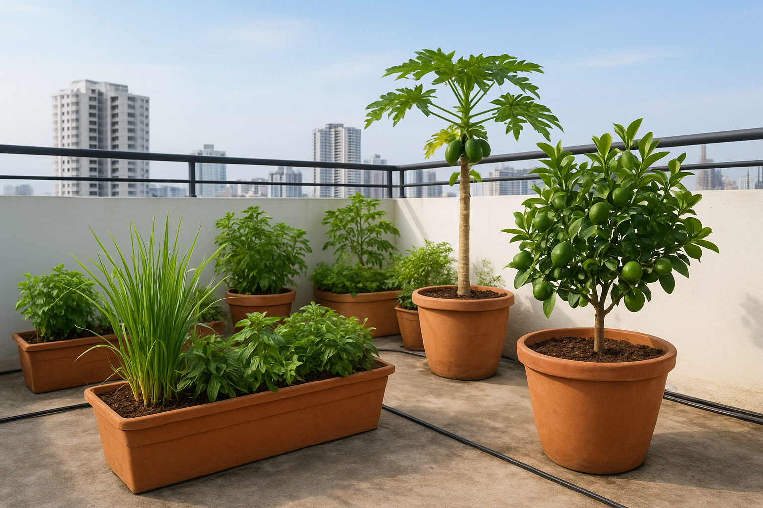 4. Edible rooftop garden with herbs and compact fruit
