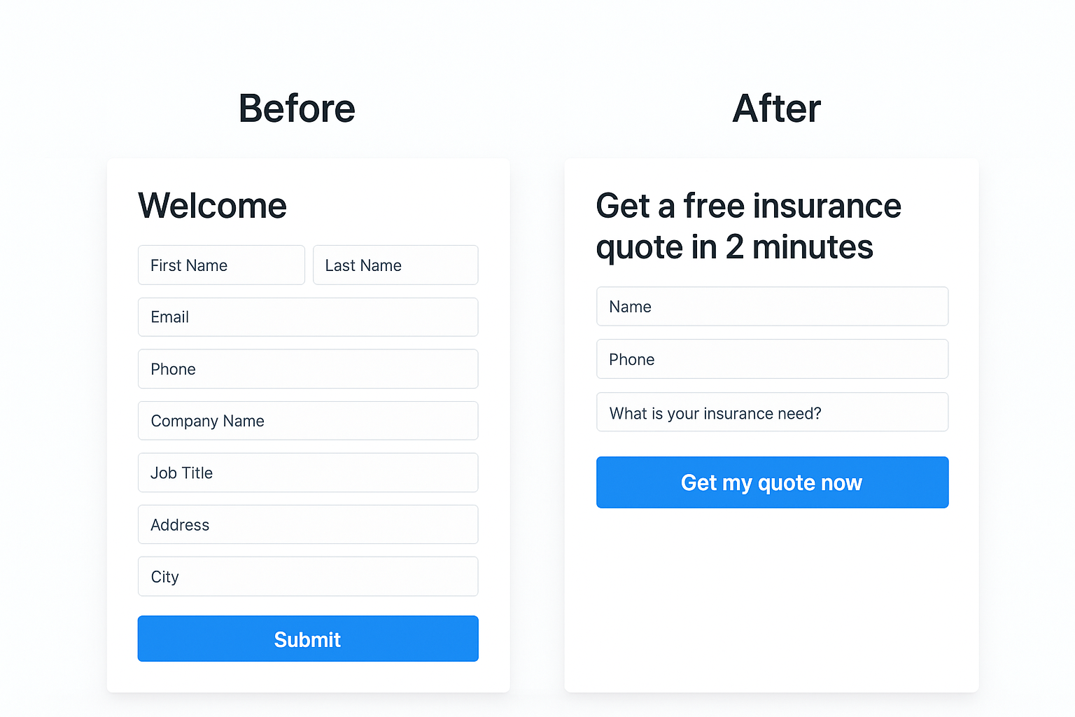 Example before-and-after form and CTA changes