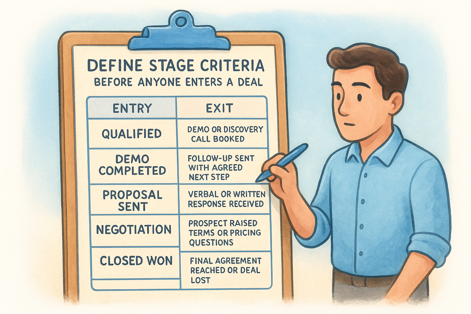 Define stage criteria before anyone enters a deal
