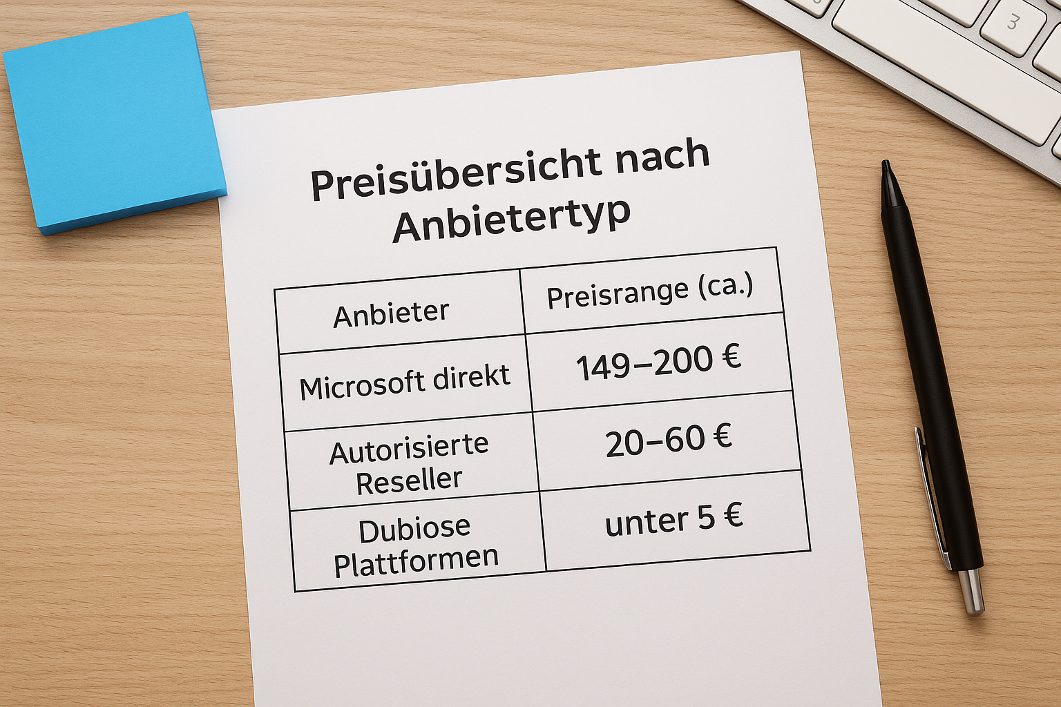 Preisübersicht nach Anbietertyp
