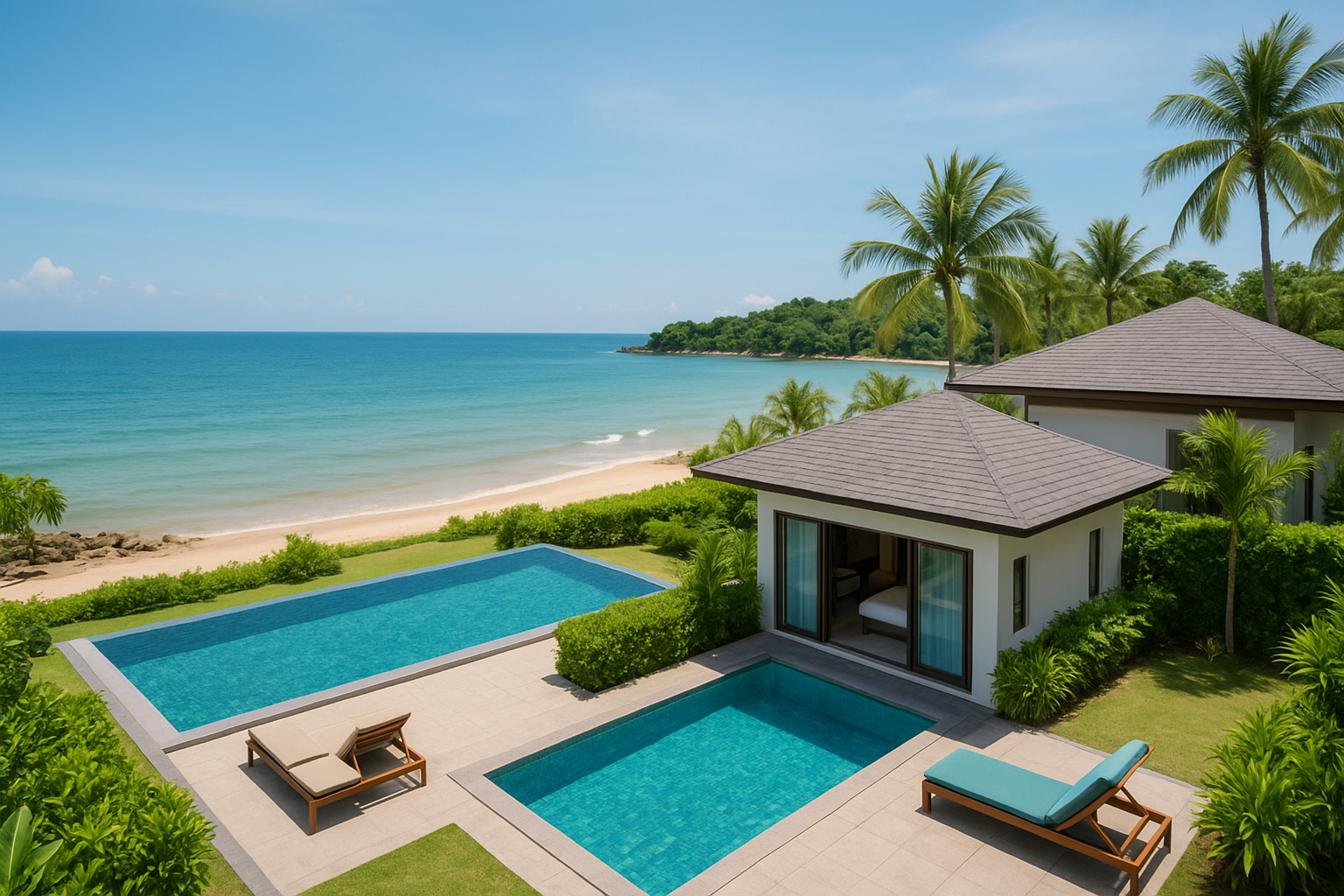 Beach, pools, and villa setup