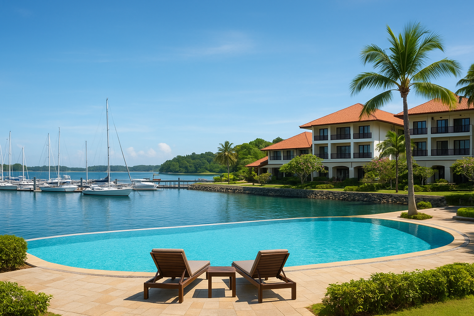 Waterfront setting, rooms, and pool