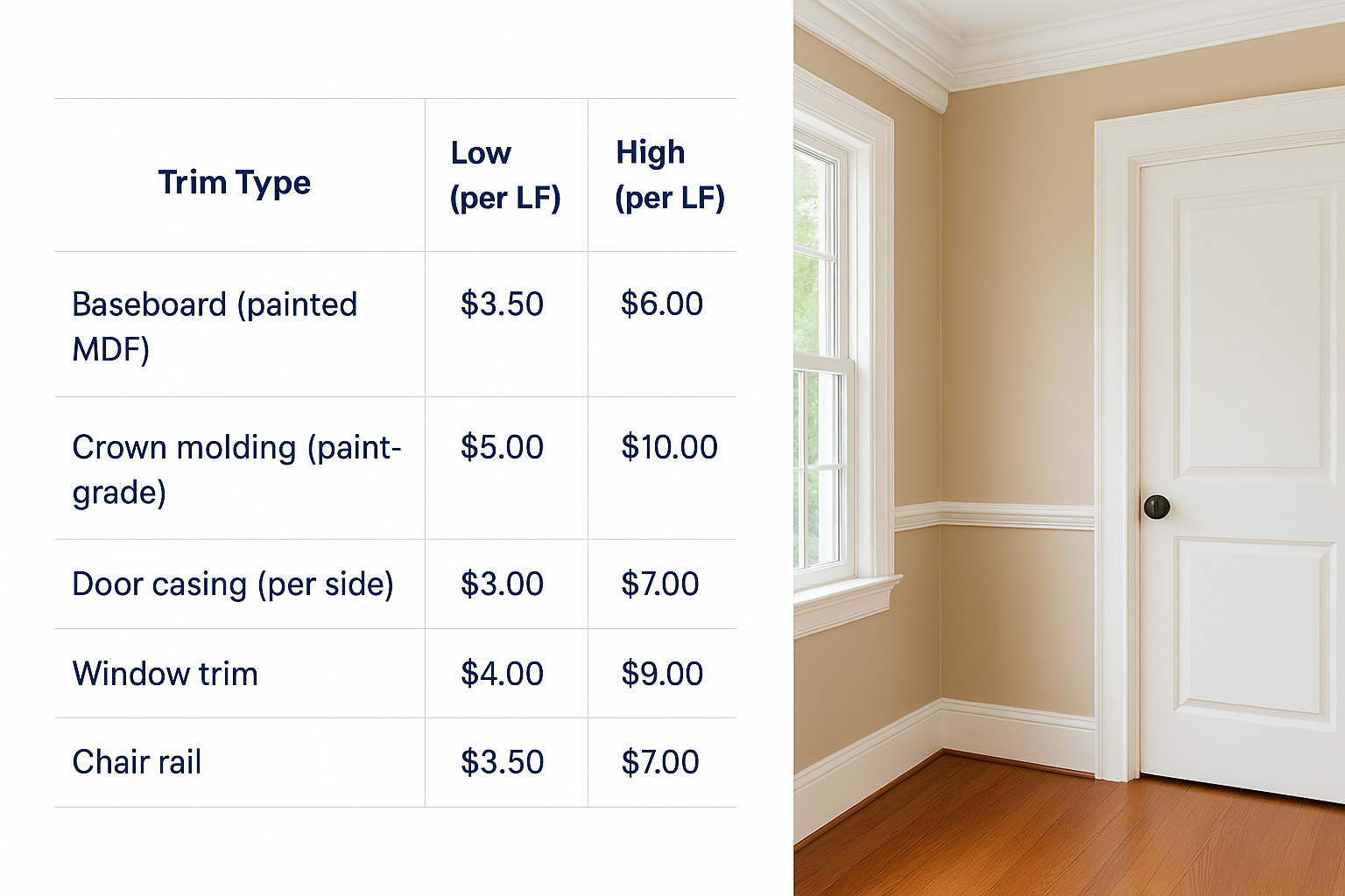 Cost per linear foot by trim type