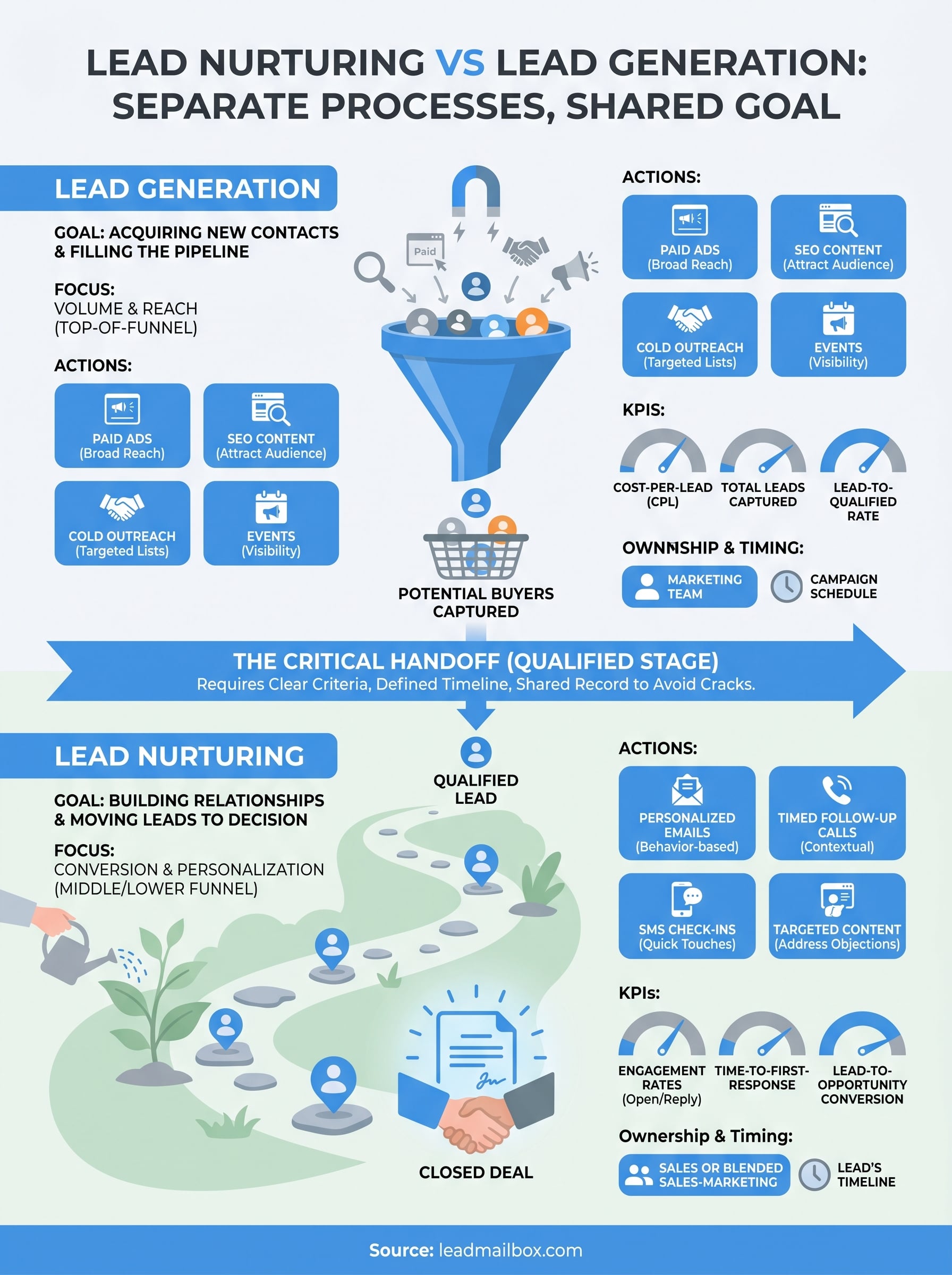 lead nurturing vs lead generation infographic