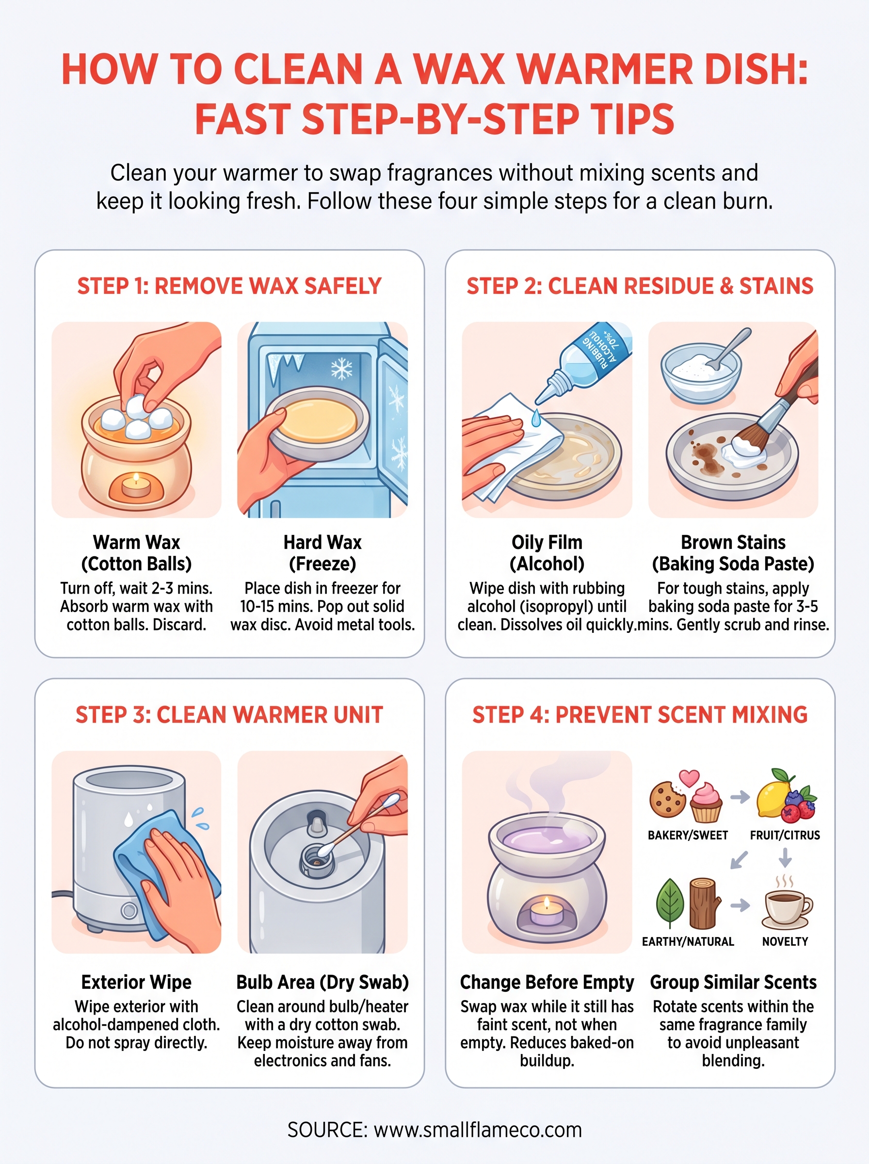 how to clean a wax warmer dish infographic