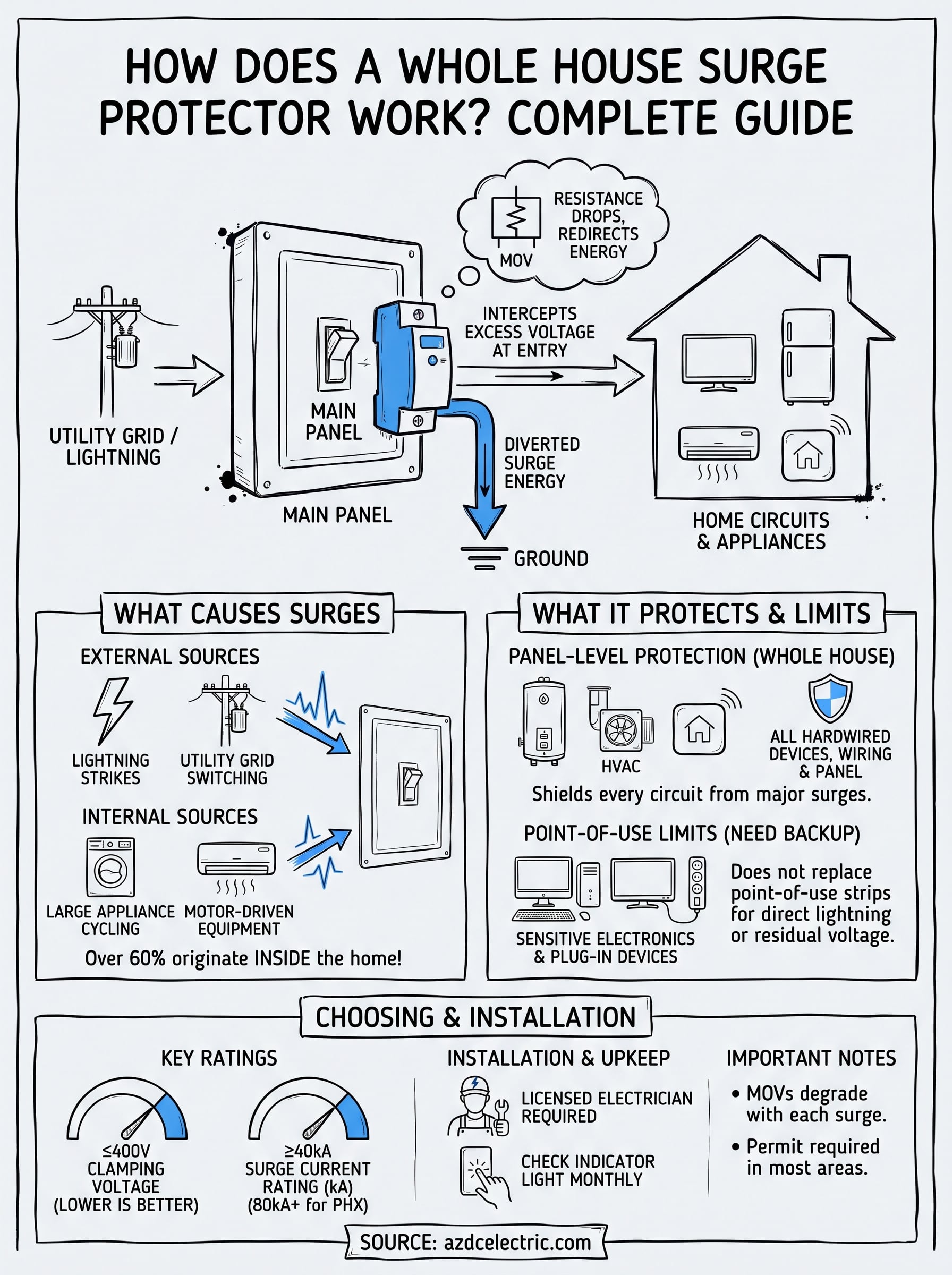 how does a whole house surge protector work infographic