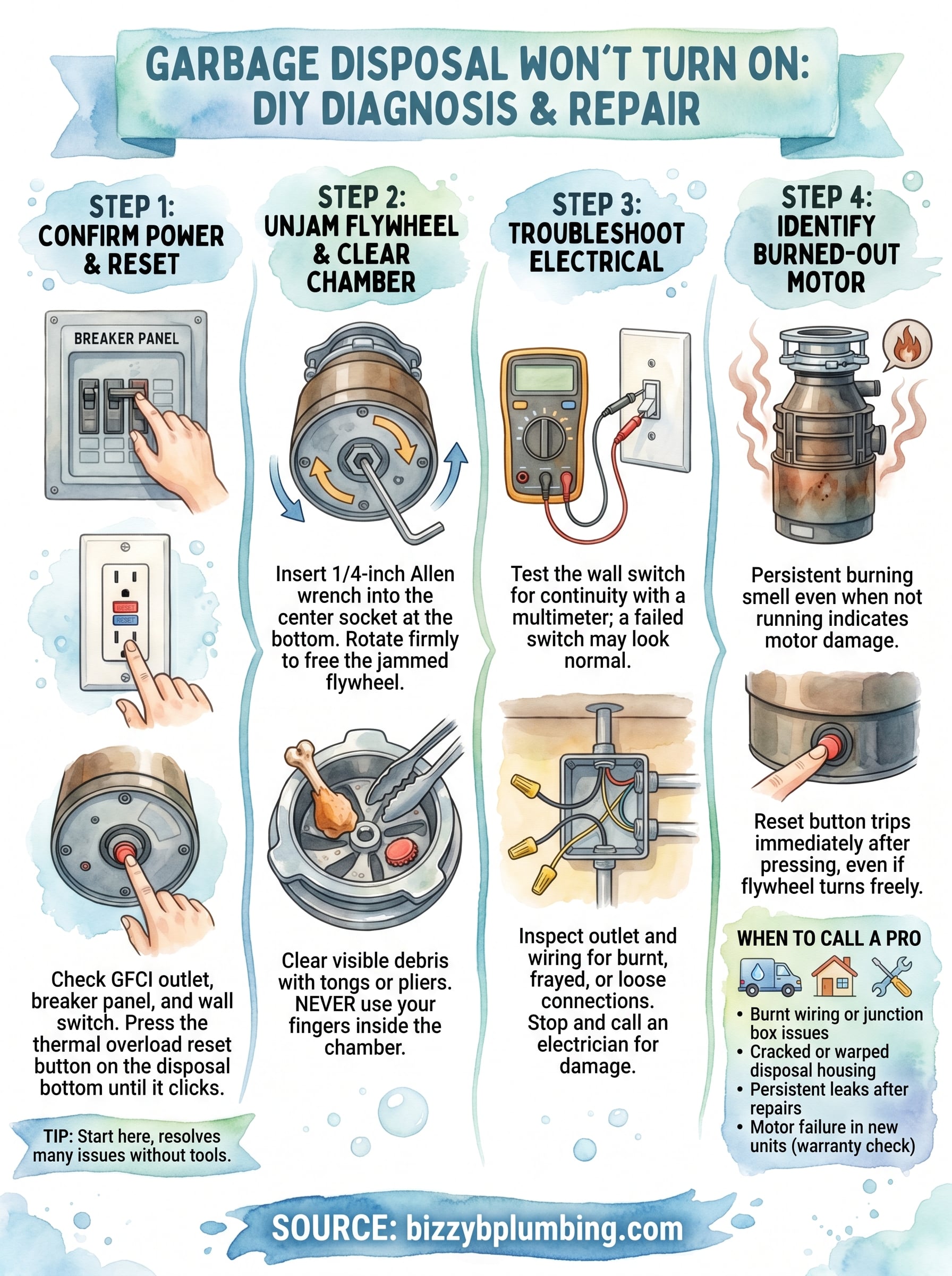 garbage disposal won't turn on infographic