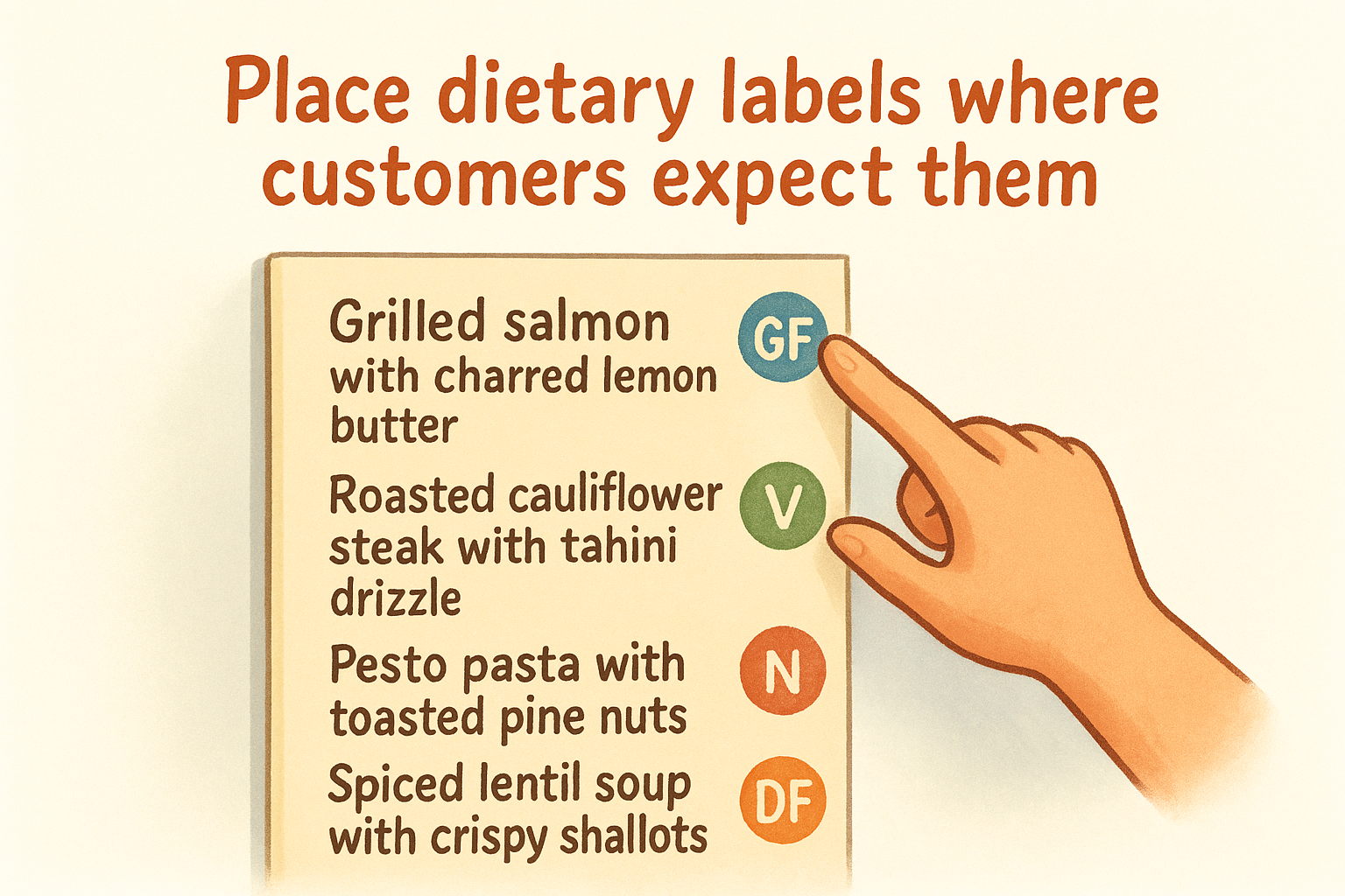 Place dietary labels where customers expect them