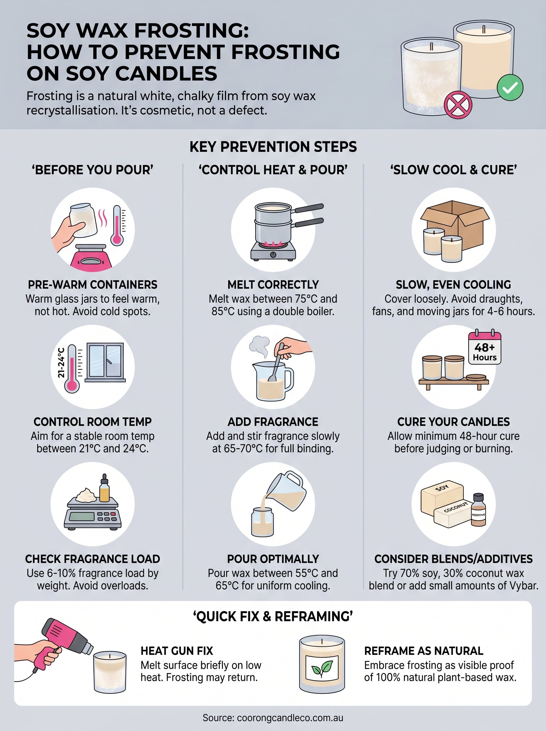 how to prevent frosting on soy candles infographic