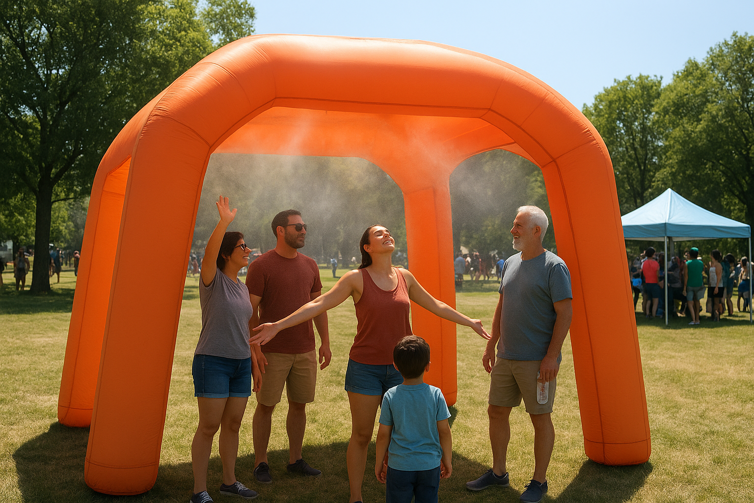 Misting tents and inflatable structures