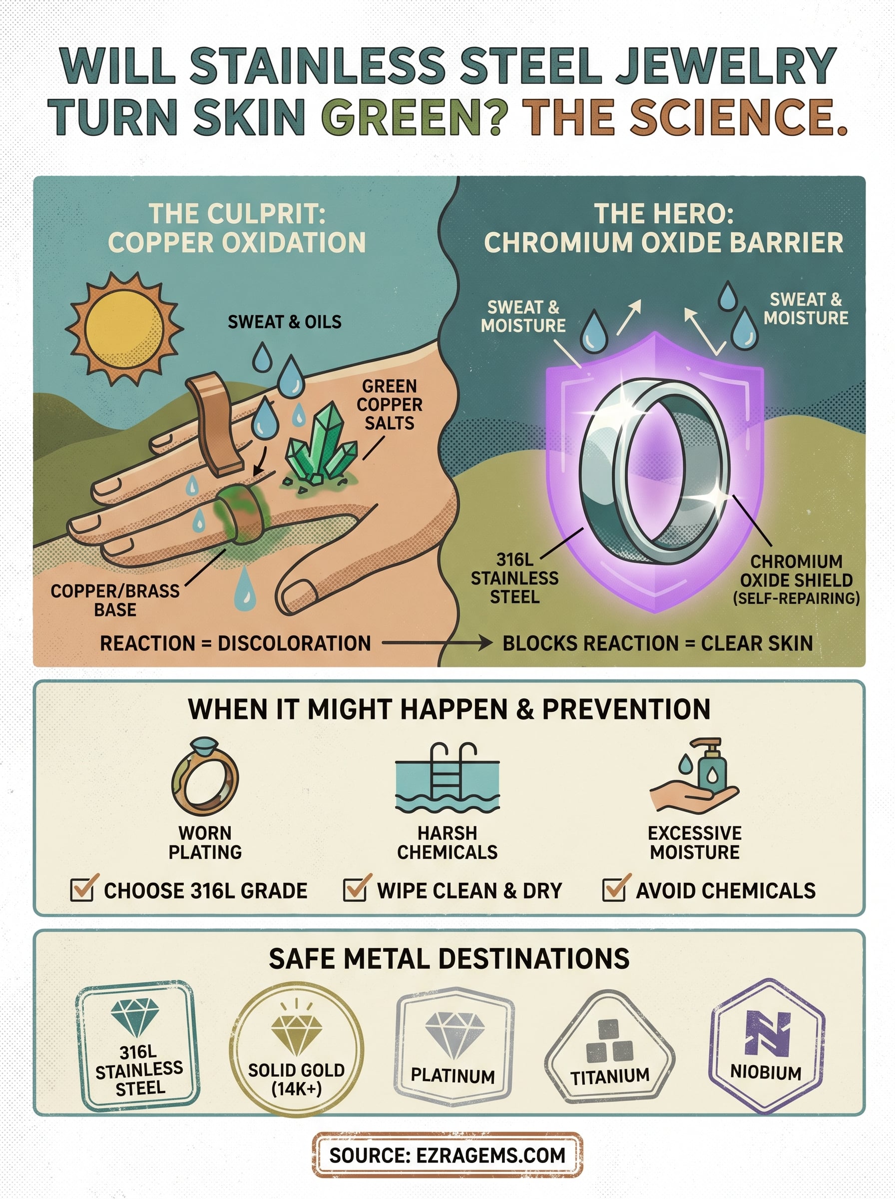 will stainless steel jewelry turn skin green infographic