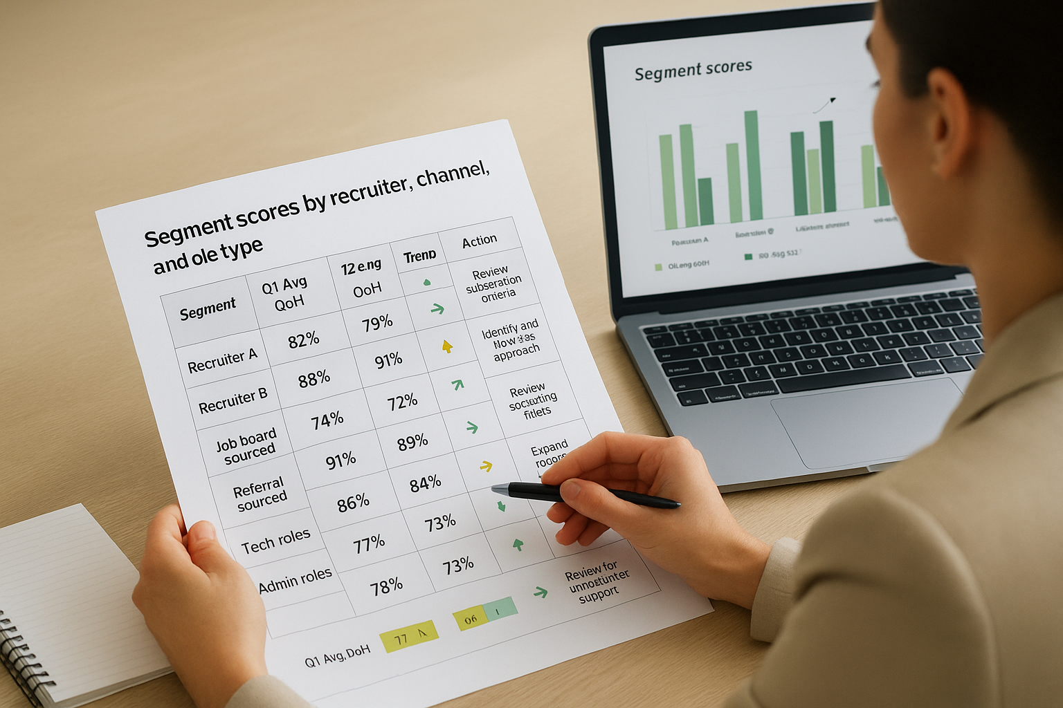 Segment scores by recruiter, channel, and role type