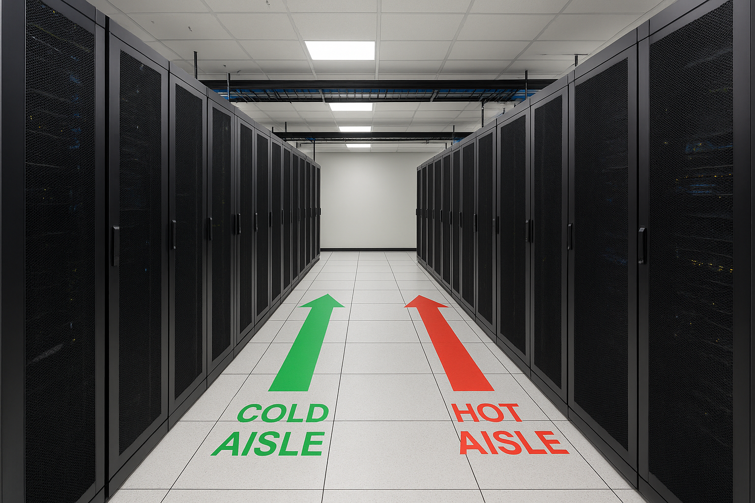 Design rack rows, hot aisle and cold aisle flow