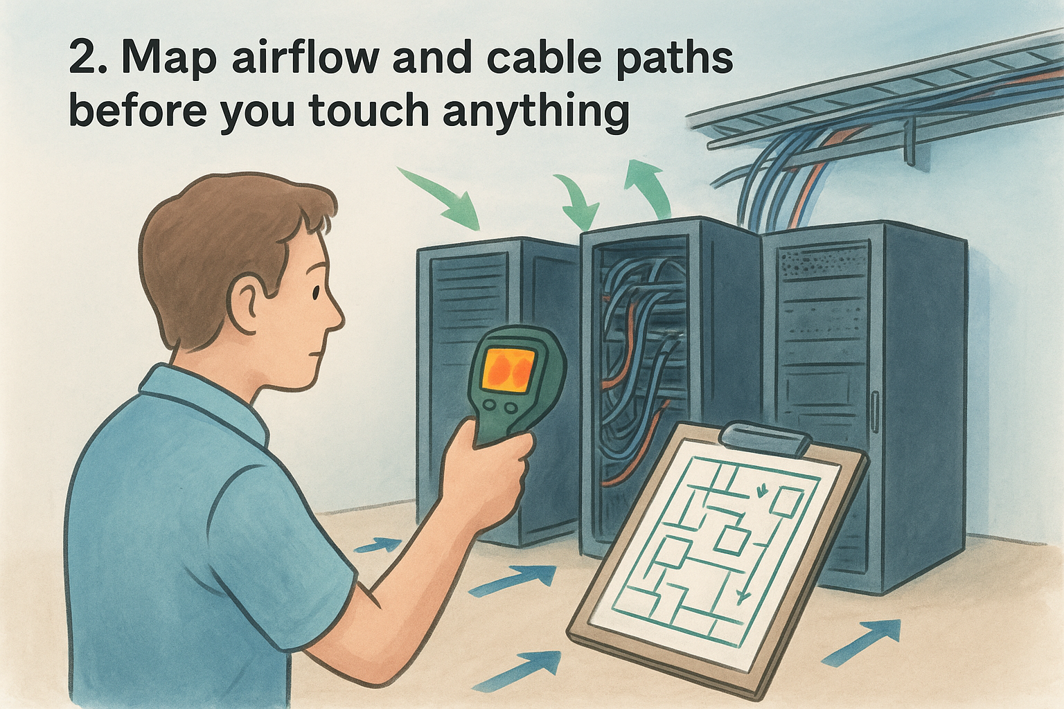 2. Map airflow and cable paths before you touch anything