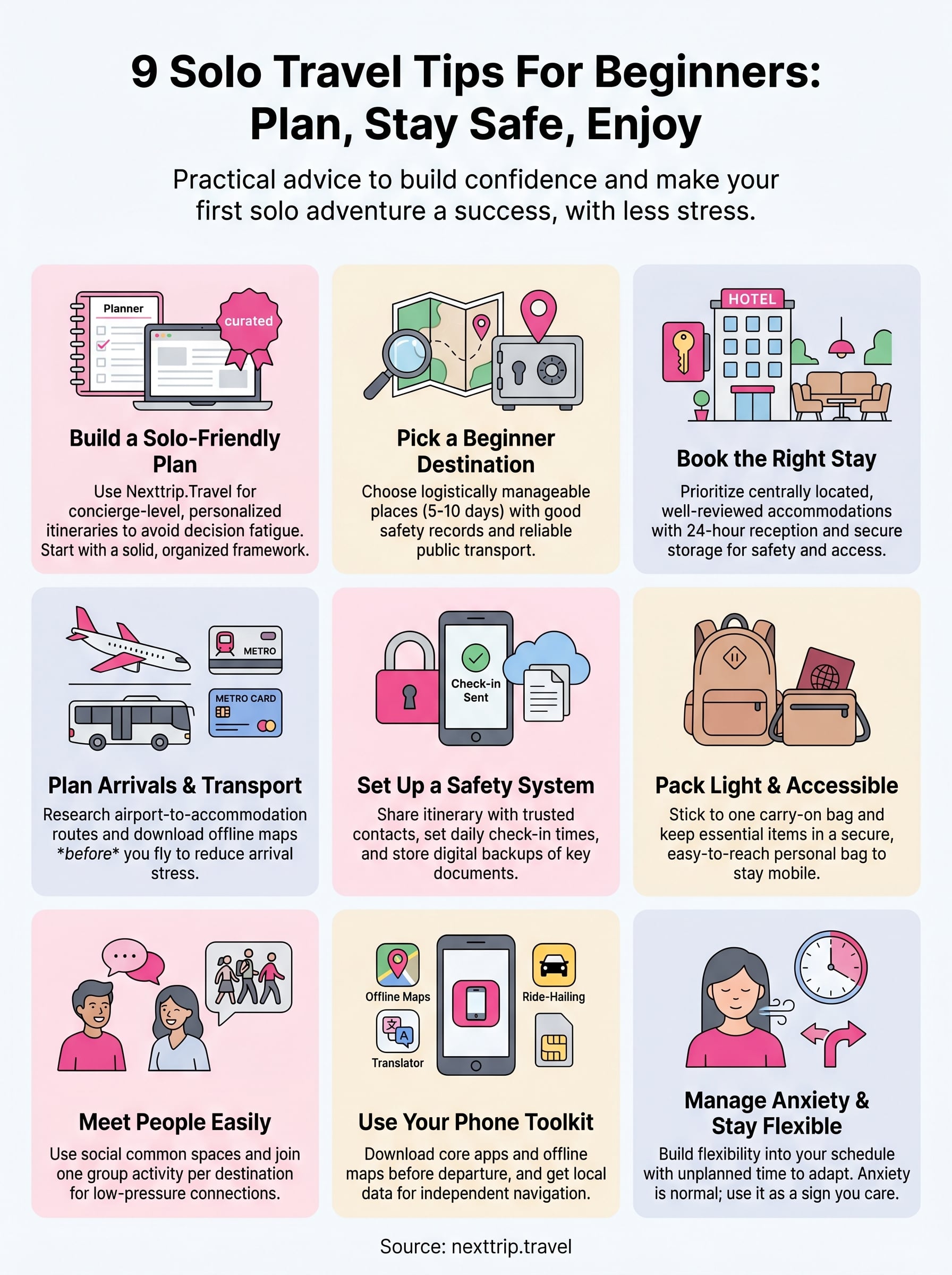solo travel tips for beginners infographic