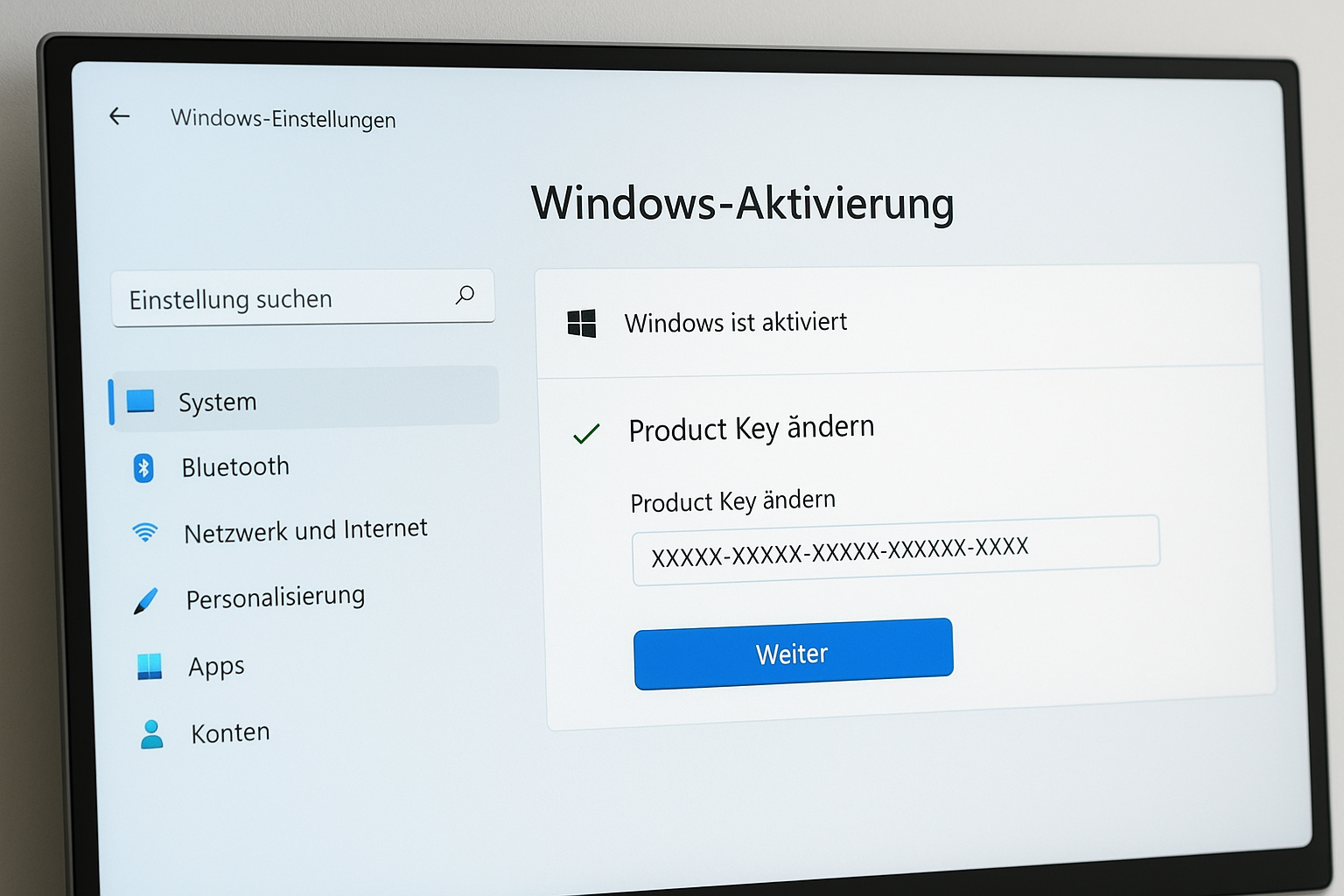Product Key über die Einstellungen eingeben