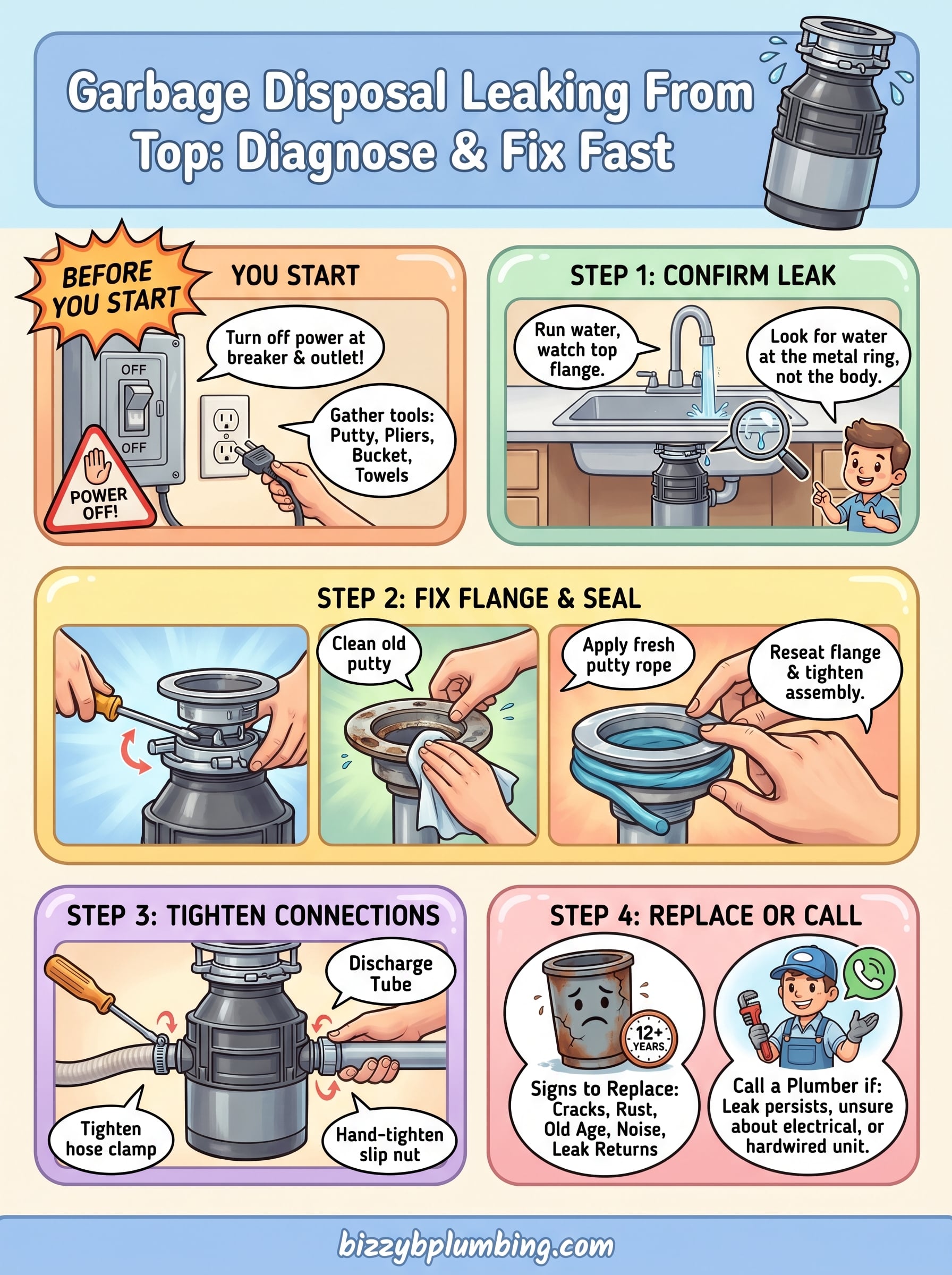 garbage disposal leaking from top infographic