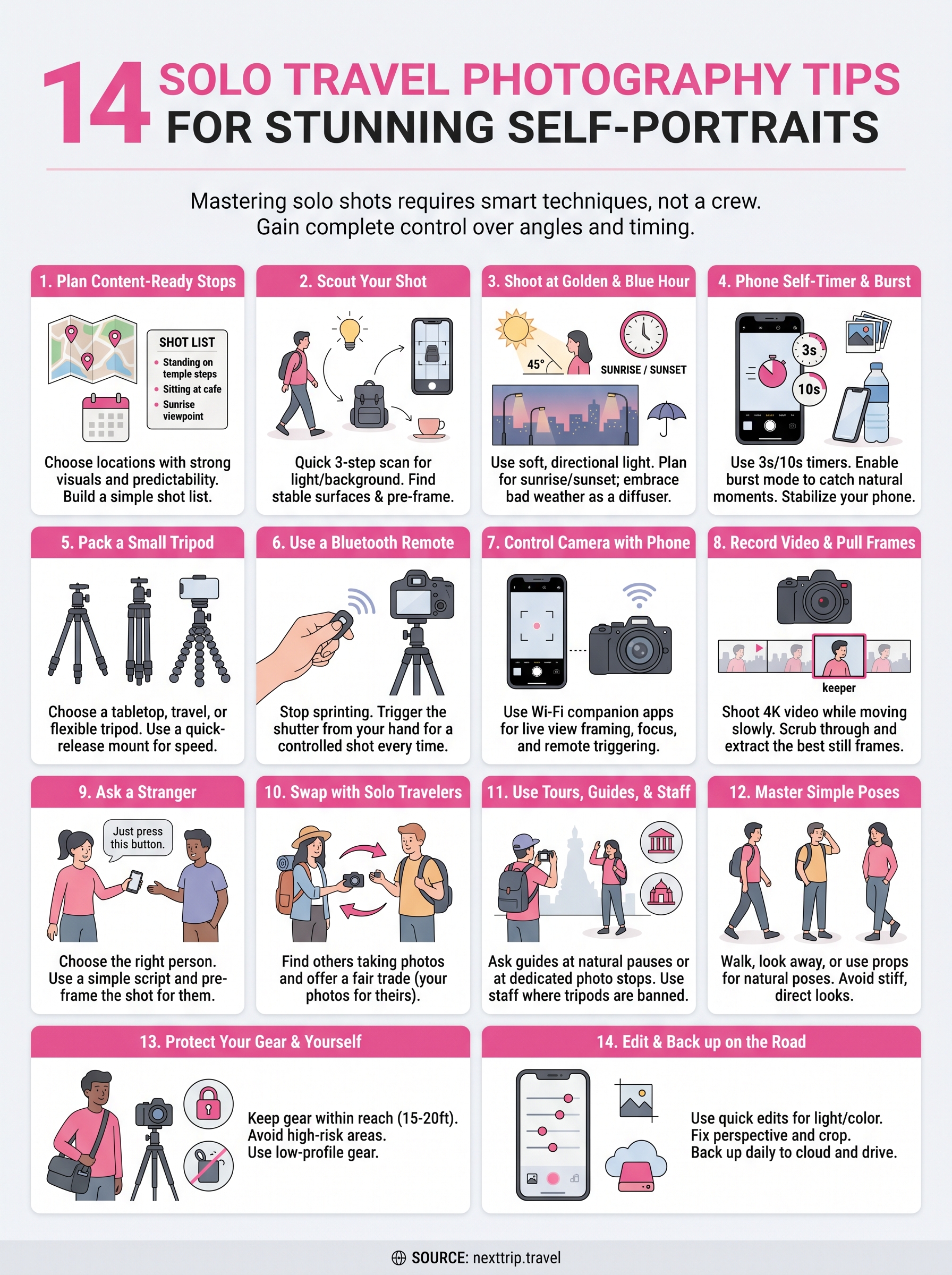 solo travel photography tips infographic