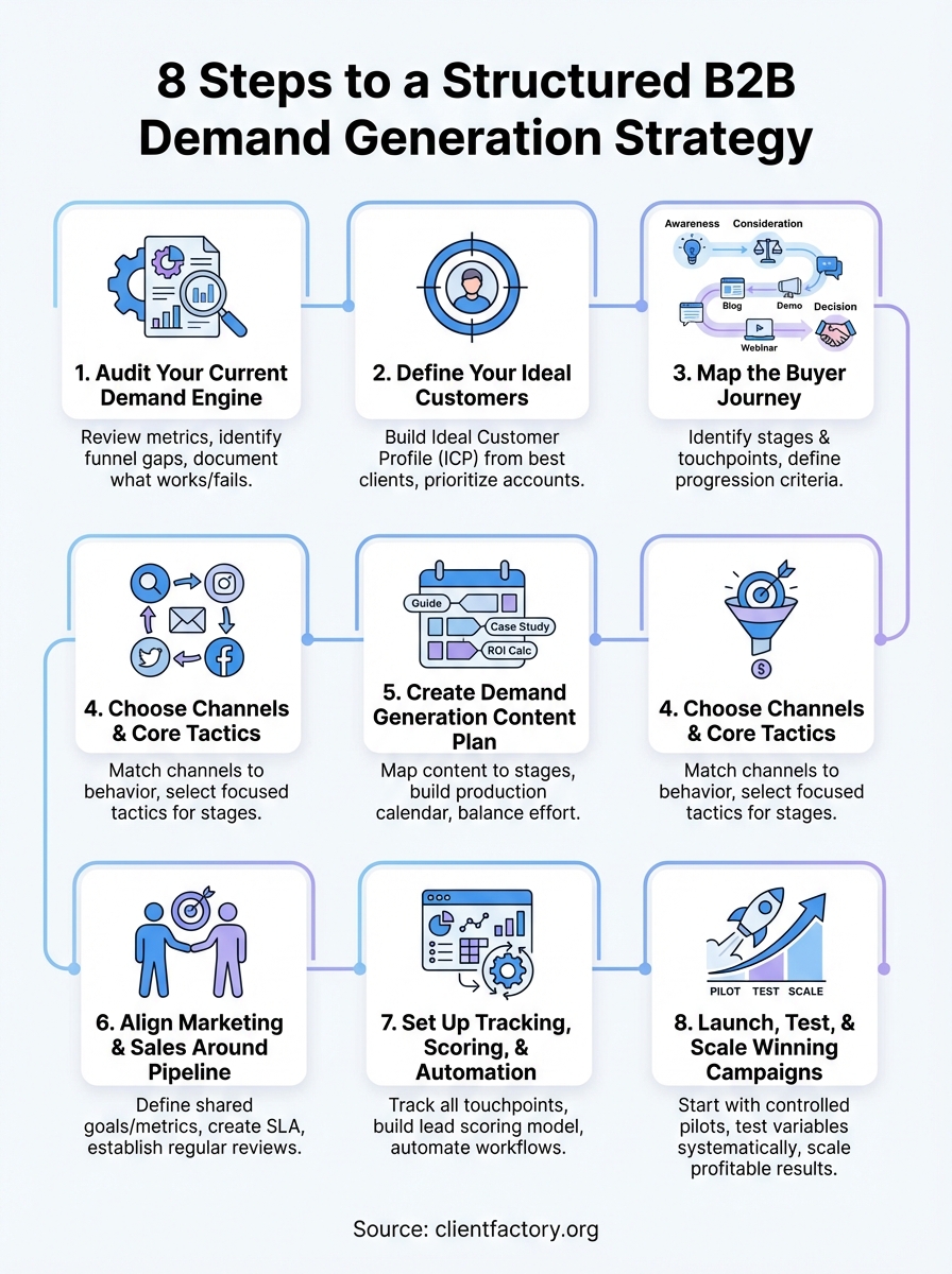 B2B Demand Generation Strategy: Steps, Templates, Examples demand generation strategy infographic