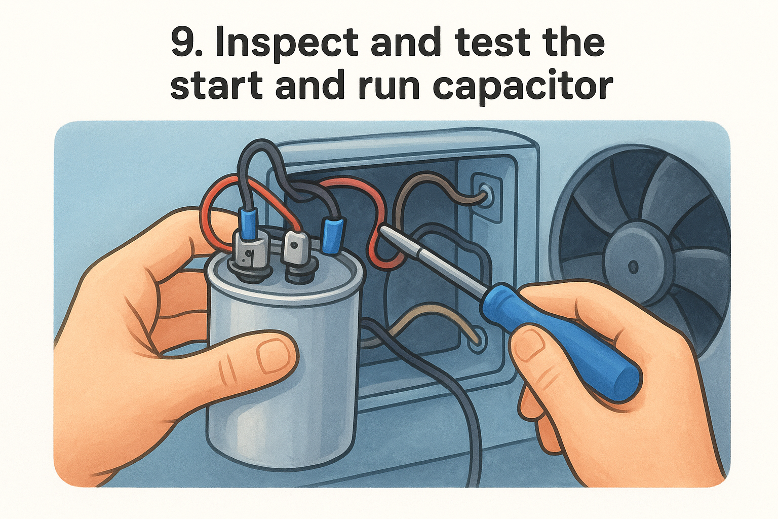 9. Inspect and test the start and run capacitor