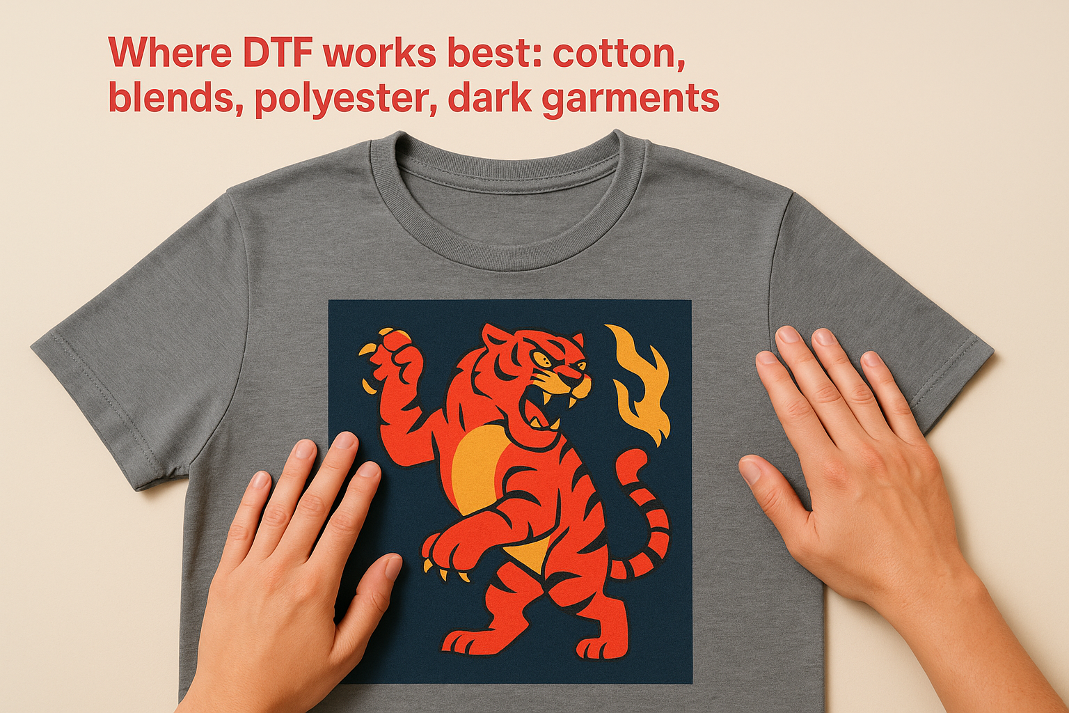 Where DTF works best: cotton, blends, polyester, dark garments
