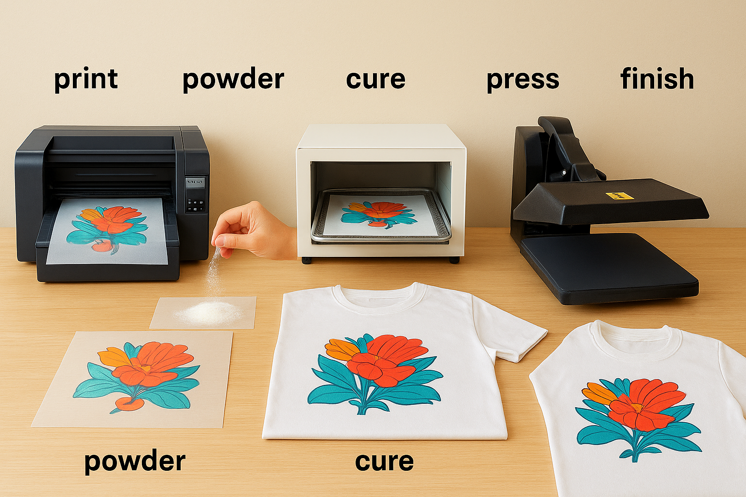 The real workflow: print, powder, cure, press, peel, finish