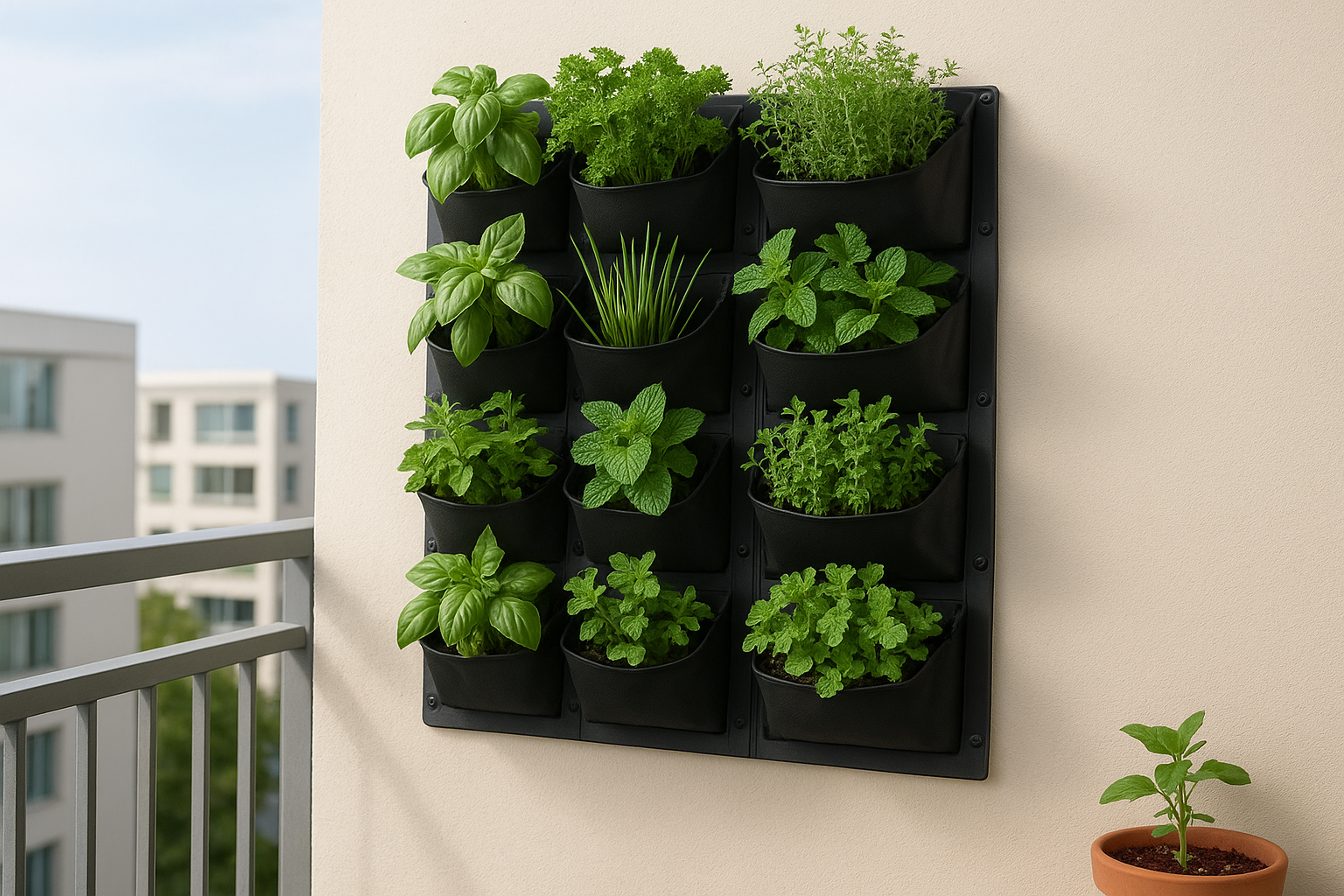 3. Install a vertical herb wall on a balcony