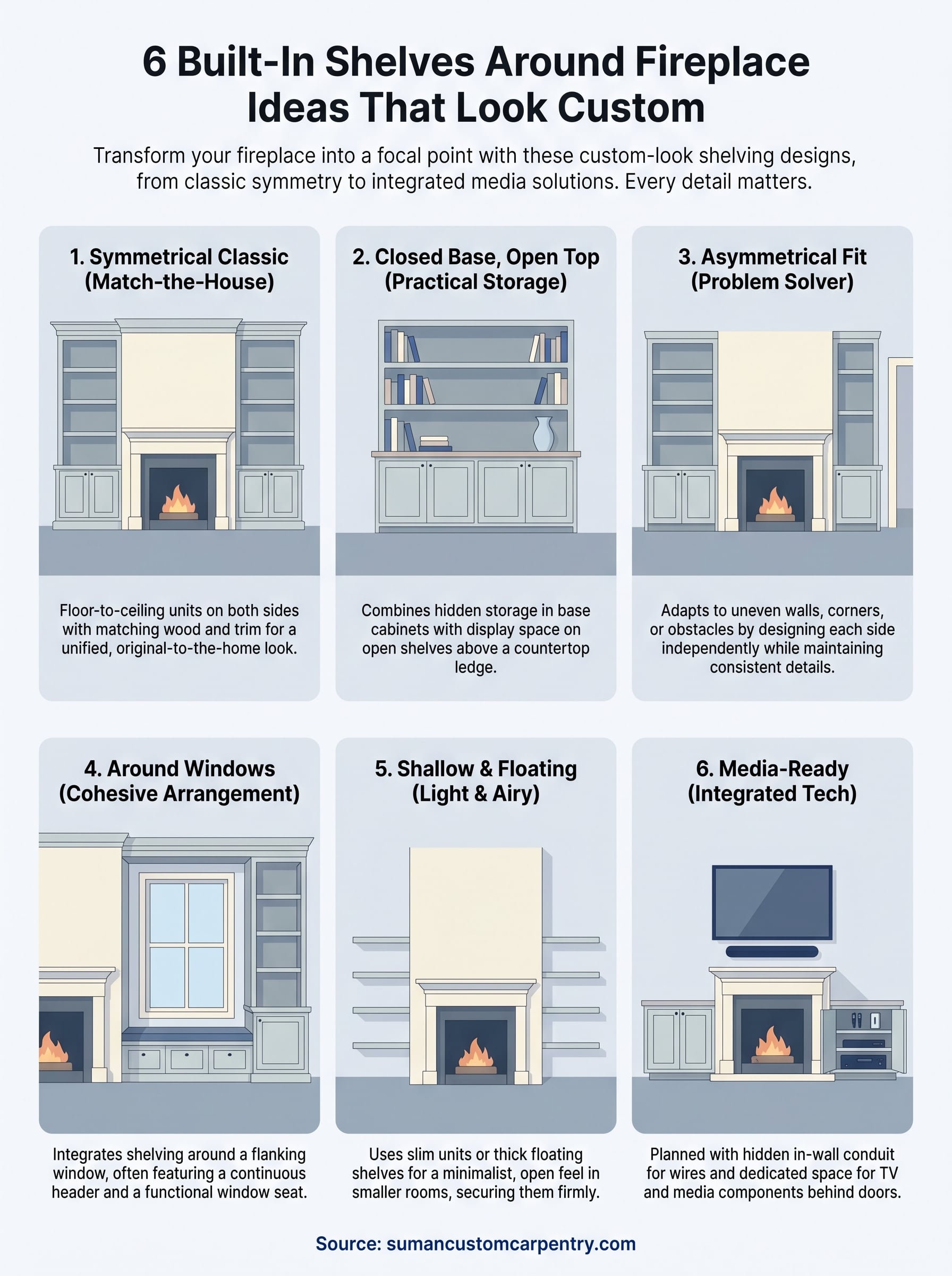 built in shelves around fireplace ideas infographic