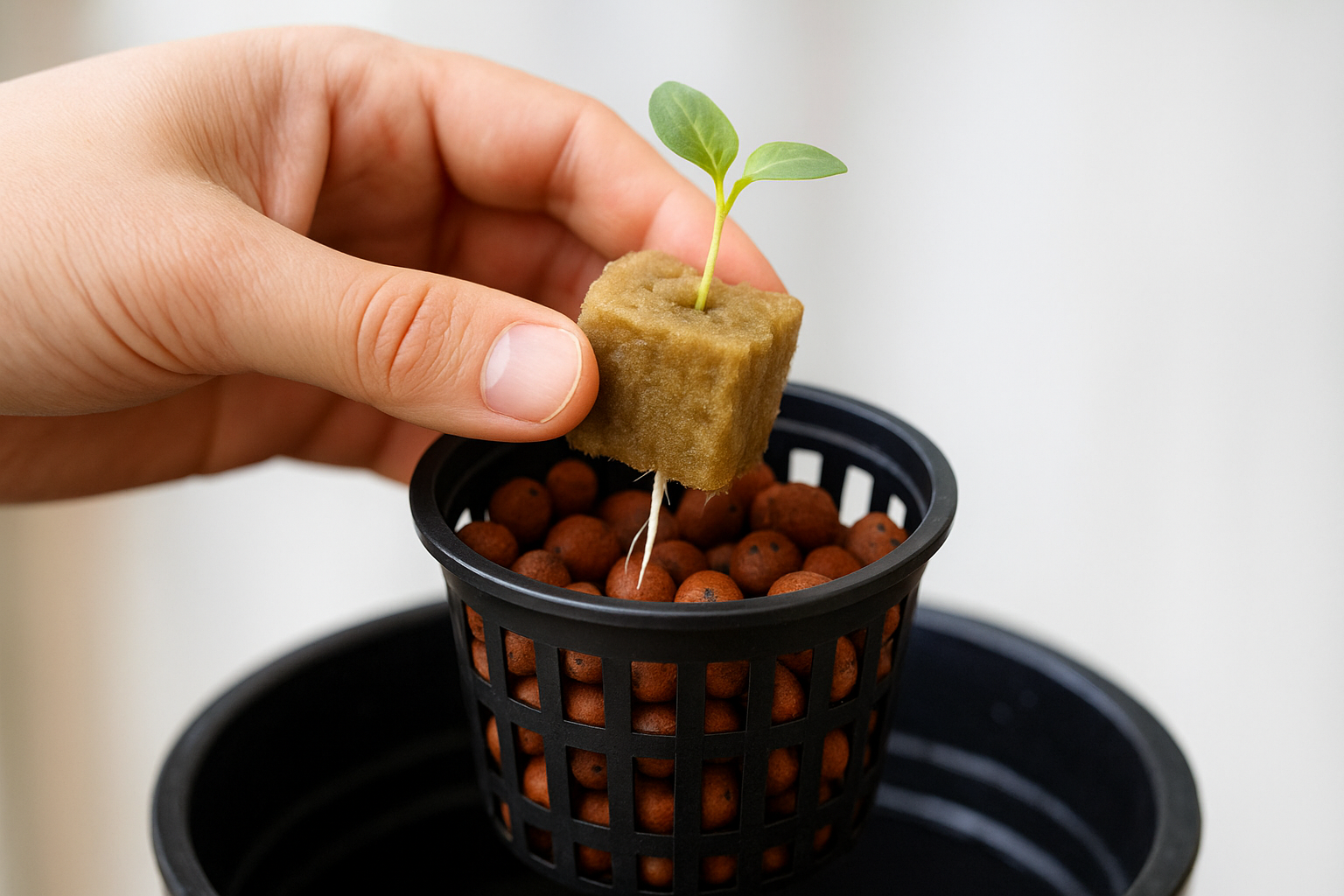 Transfer seedlings to net pots without stressing the roots