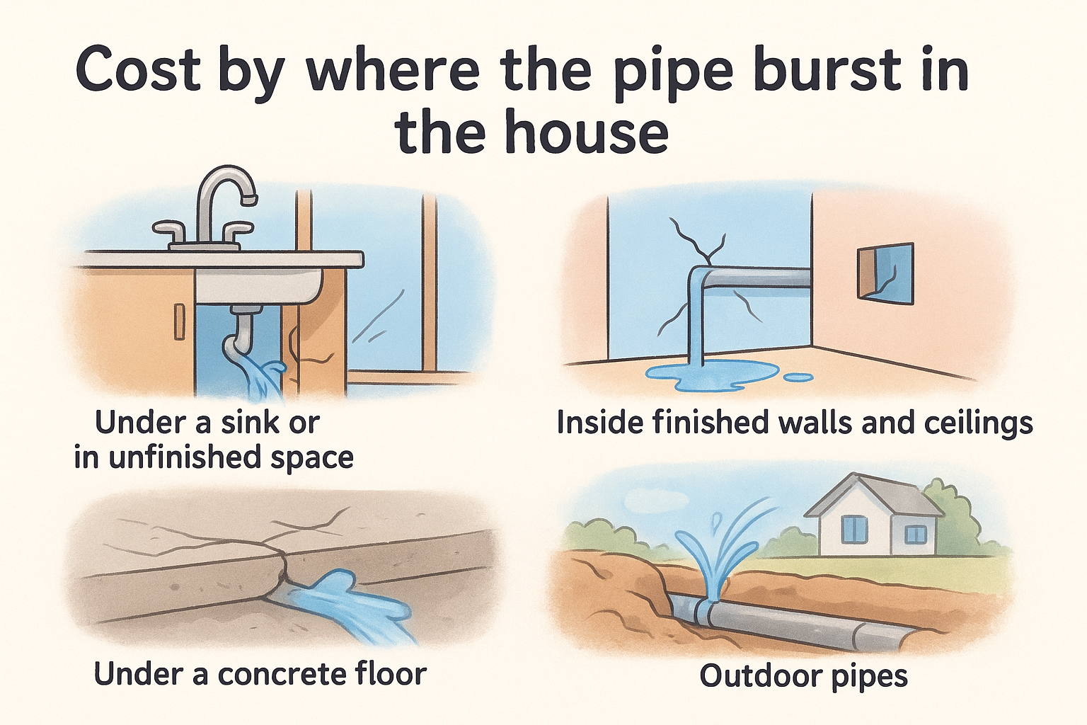 Cost by where the pipe burst in the house