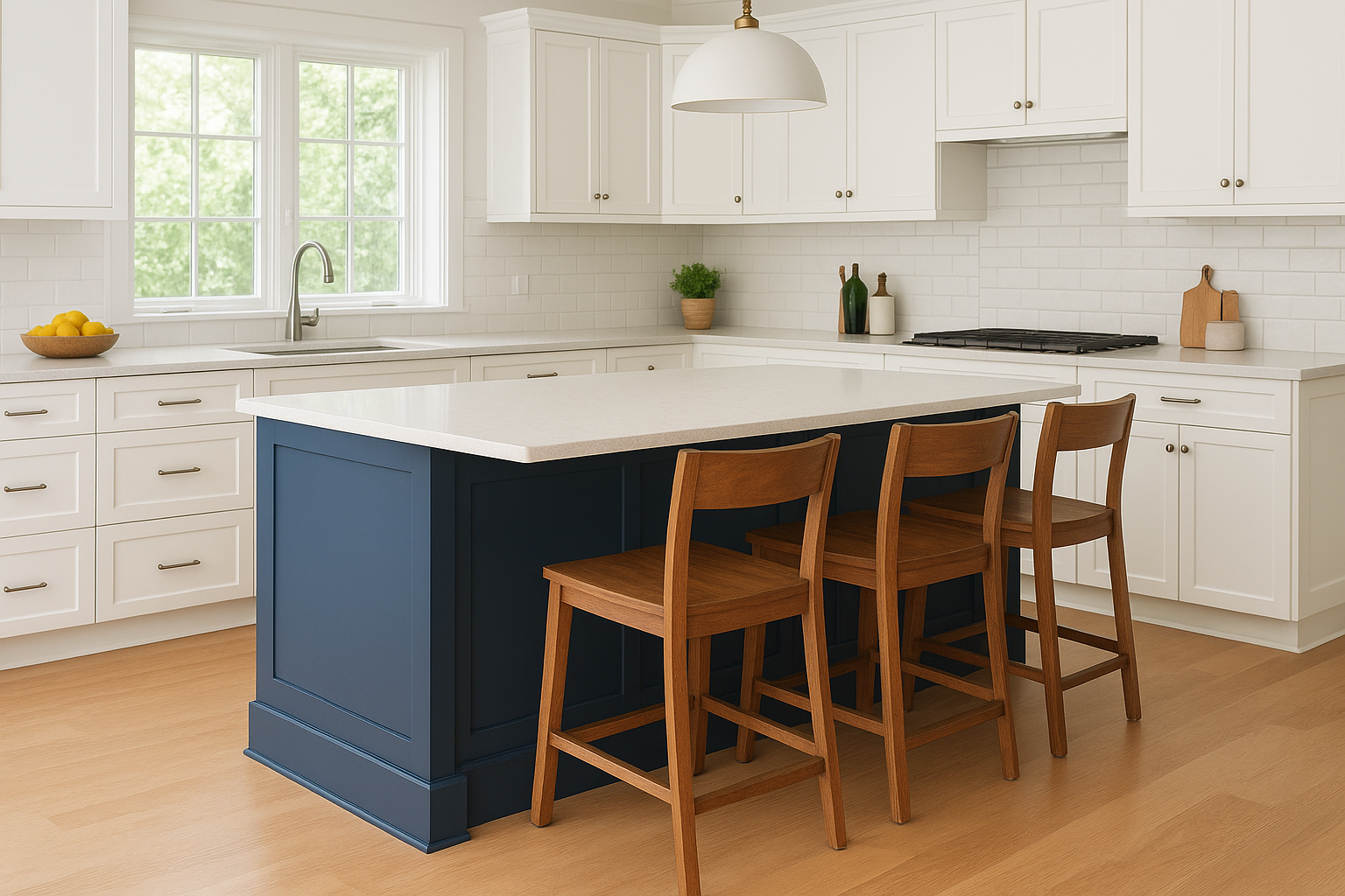 3. Two-tone island with seating and furniture-style trim