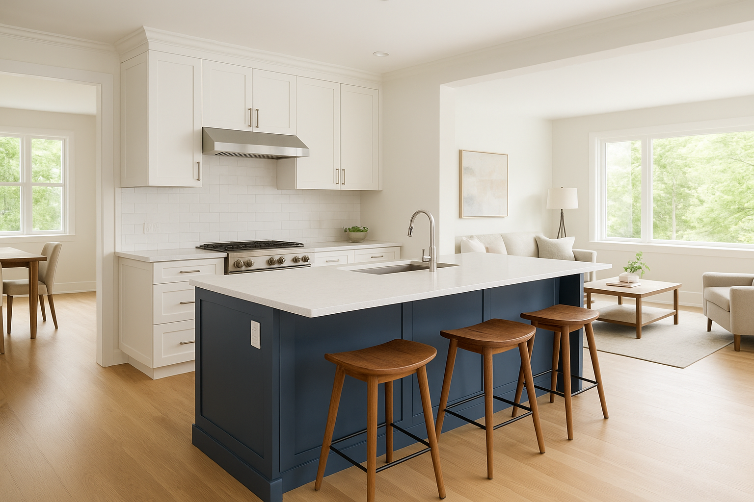 5. L-shaped island with seating that faces the living area