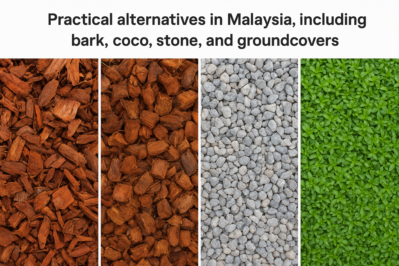 Practical alternatives in Malaysia, including bark, coco, stone, and groundcovers