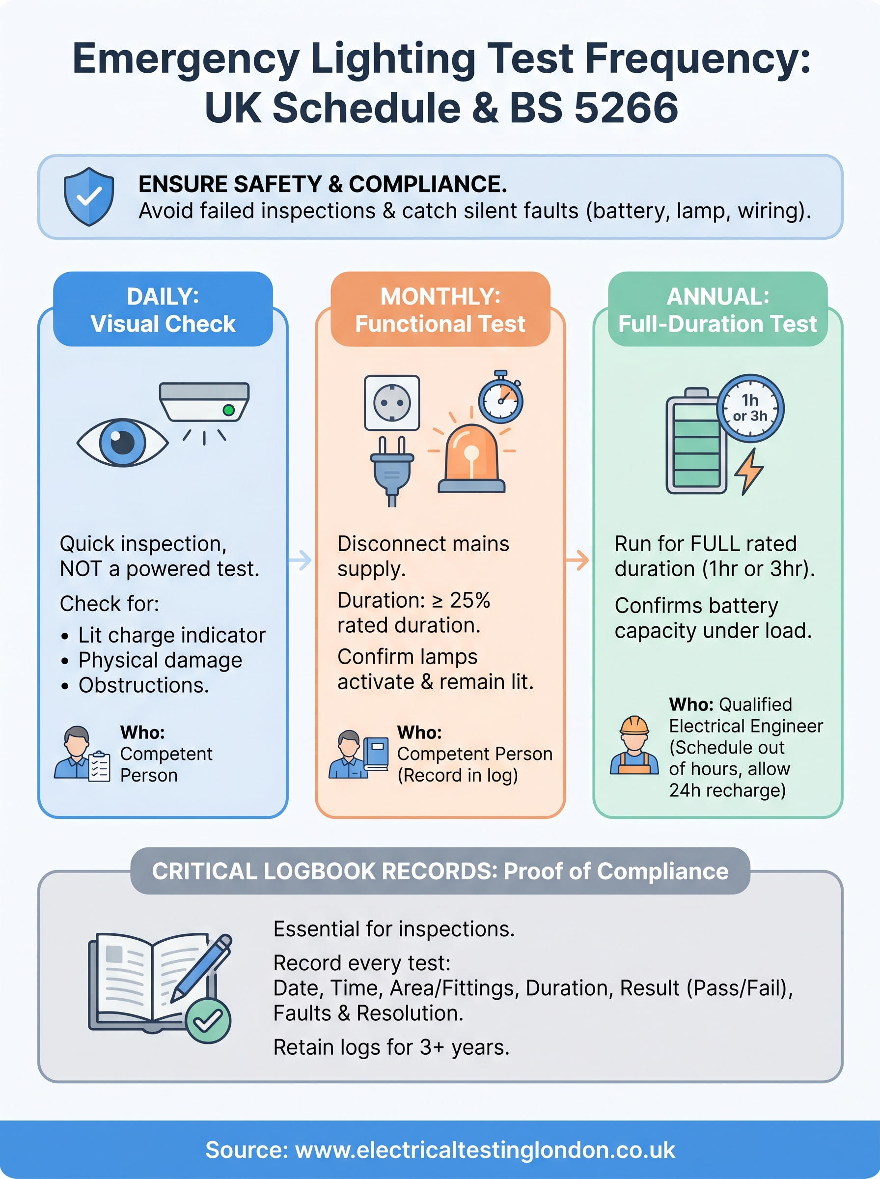 emergency lighting test frequency infographic