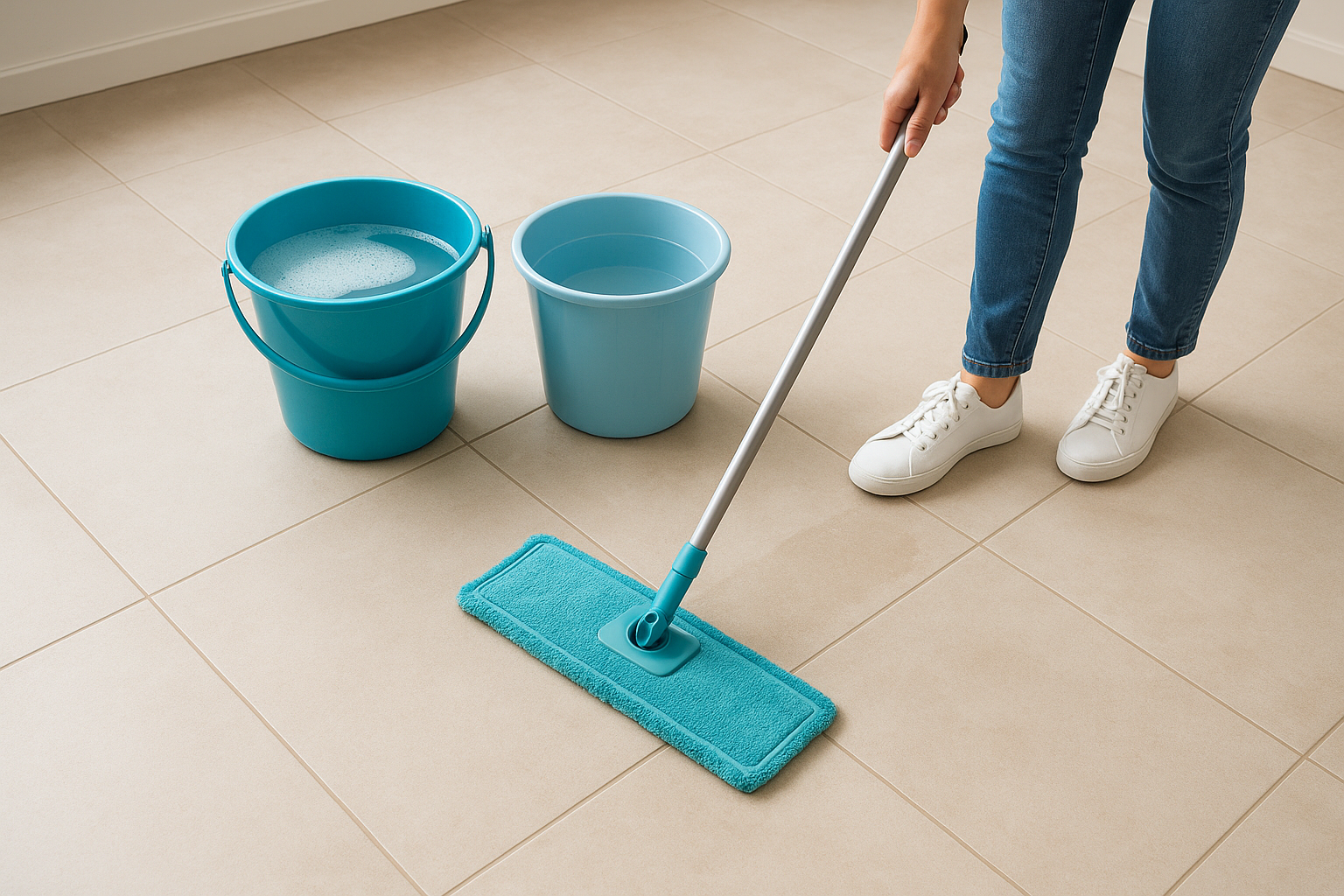 Mop in sections using the two-bucket method
